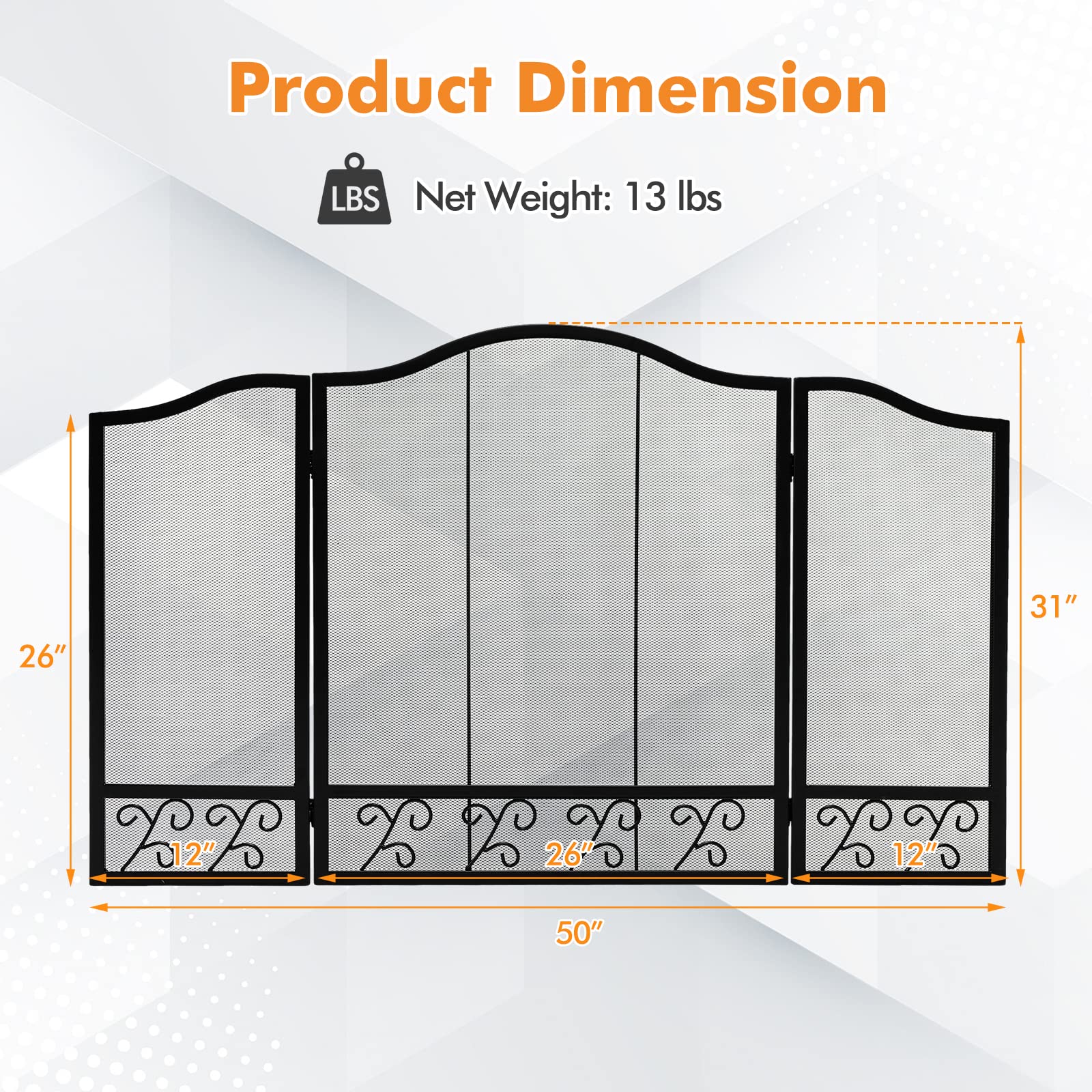 Giantex 3-Panel Folding Fireplace Screen Black - 50 x 31 Inch No Assembly Required Decorative Freestanding Steel Mesh Fire Screen