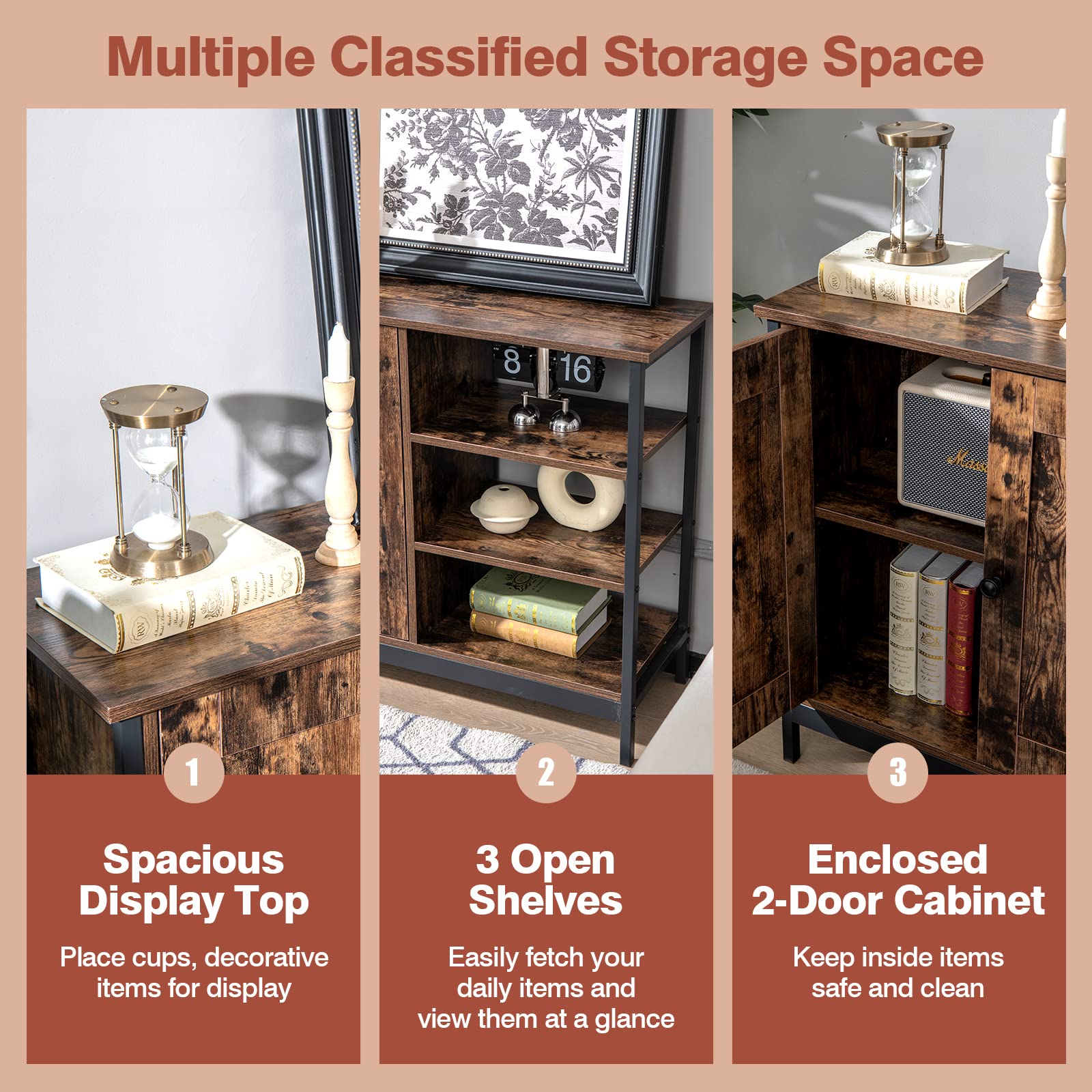 Giantex Industrial Kitchen Storage Cabinet w/Open Shelves, 2-Door Cupboard, Adjustable Shelf, Wooden Buffet Sideboard(Rustic Brown)