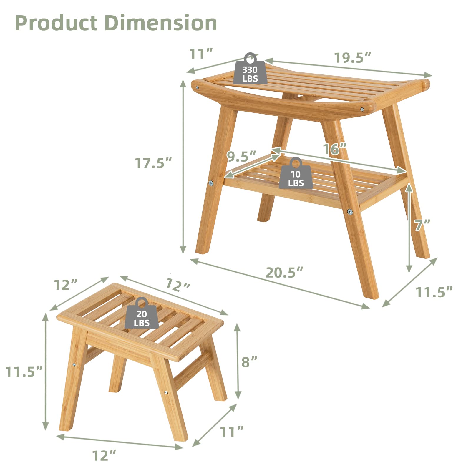 Bamboo Shower Bench with Foot Stool, Shower Seat Bench with Underneath Storage Shelf
