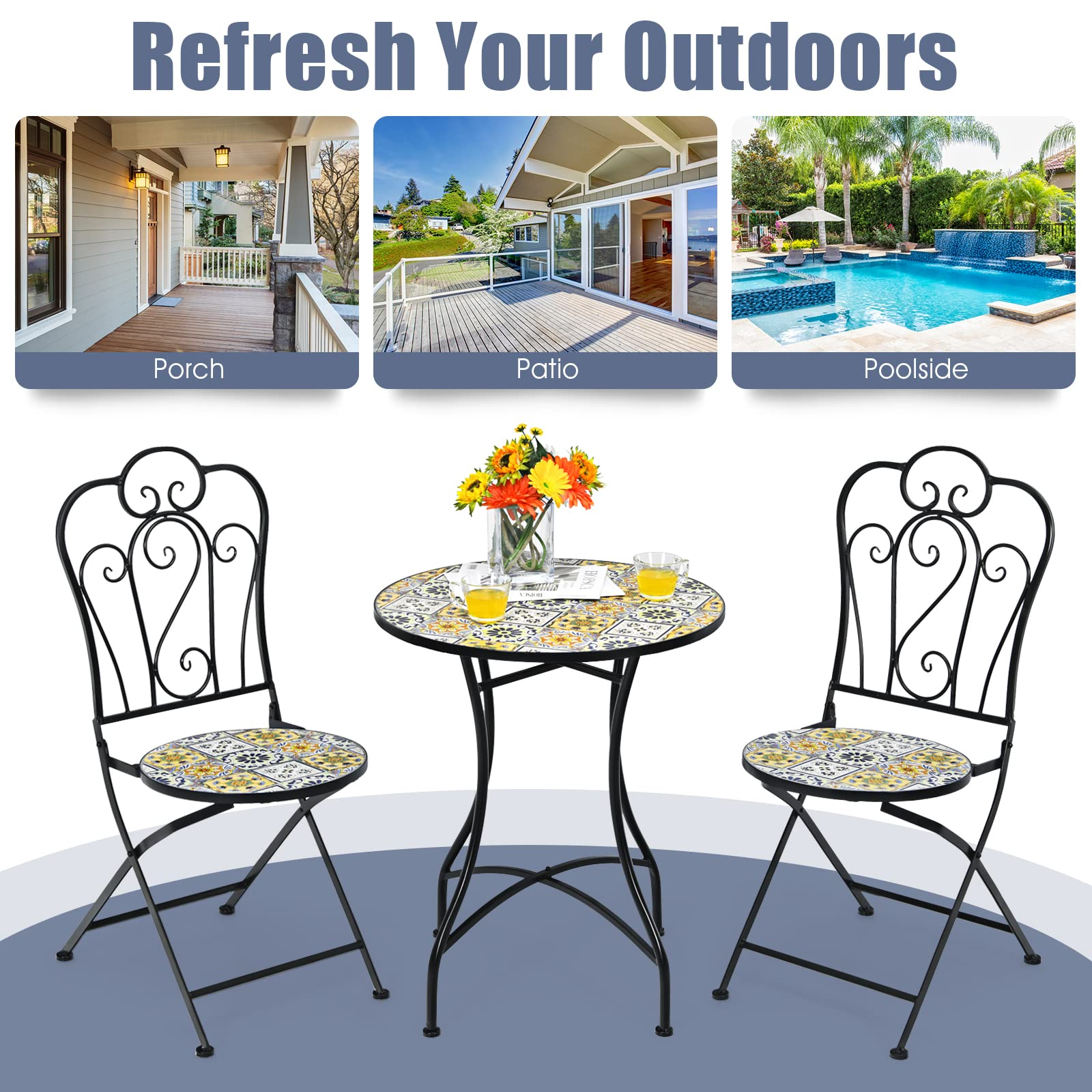 3-Piece Patio Bistro Set, Garden Dining Set, Round Table and 2 Patio Folding Chairs