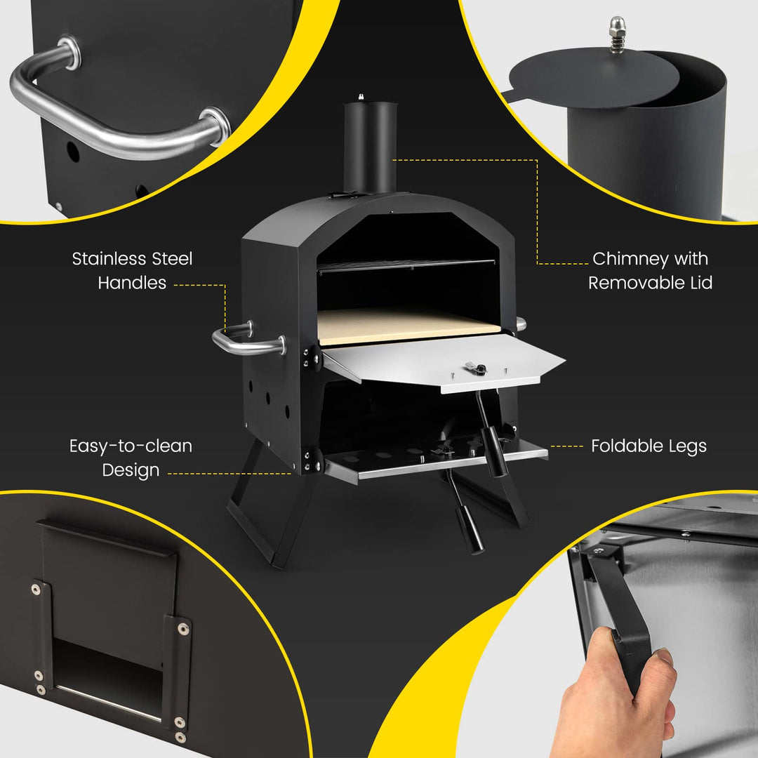 Giantex Outdoor Pizza Oven Wood Fired, 2-Layer Pizza Maker with Pizza Stone, Pizza Peel (Black)