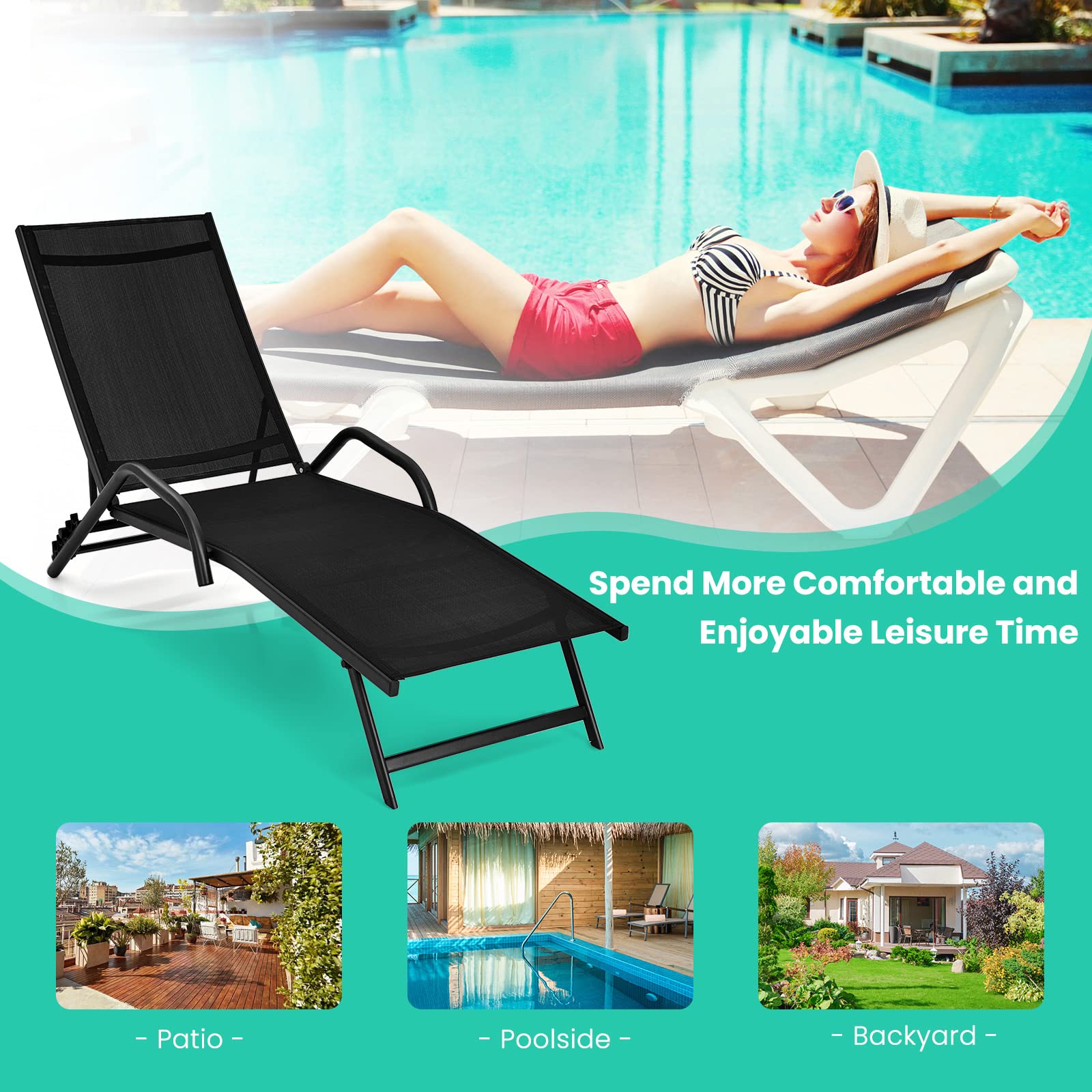 Giantex Lounge Chairs for Outside - Set of 2 Outdoor Chaise Lounge with 5 Adjustable Position