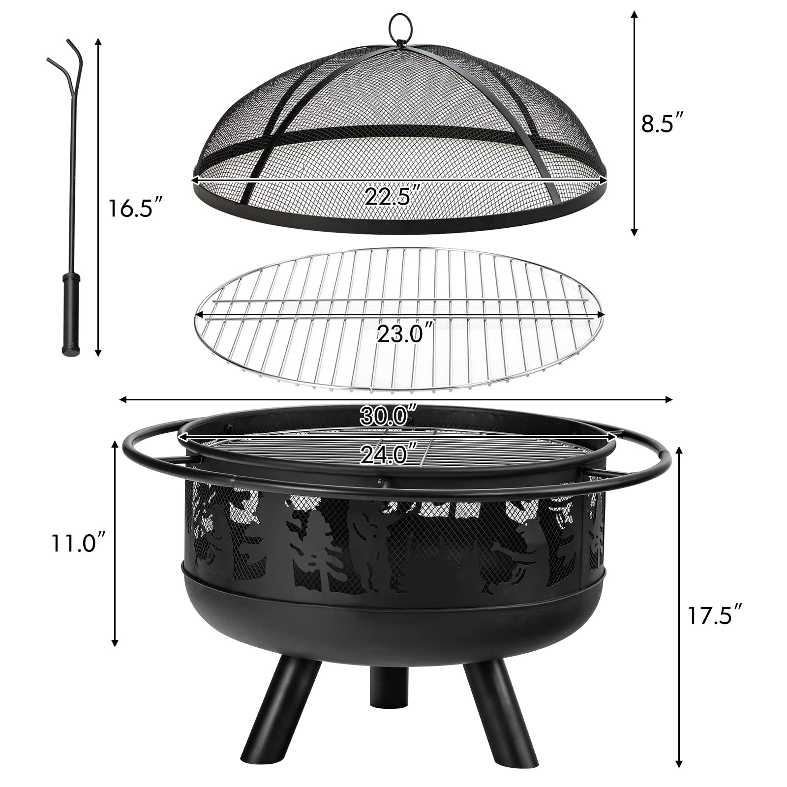 30 Inch Outdoor Wood Burning Fire Bowl with Fire Poker & Cooking Grill Grid