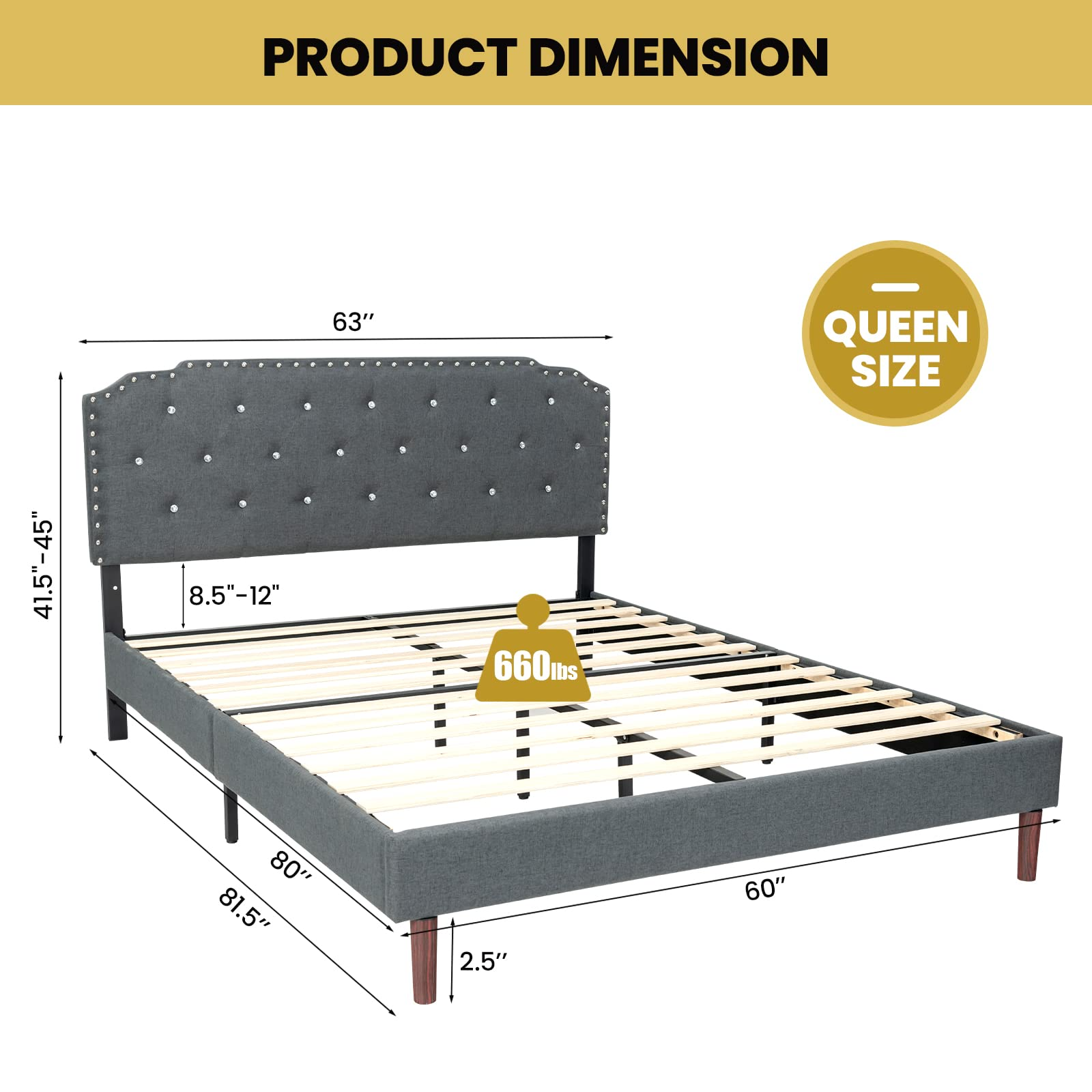 Upholstered Bed Frame w/ Adjustable Headboard, Crystal Tufted Soft Platform Bed Frame w/ Wooden Slats