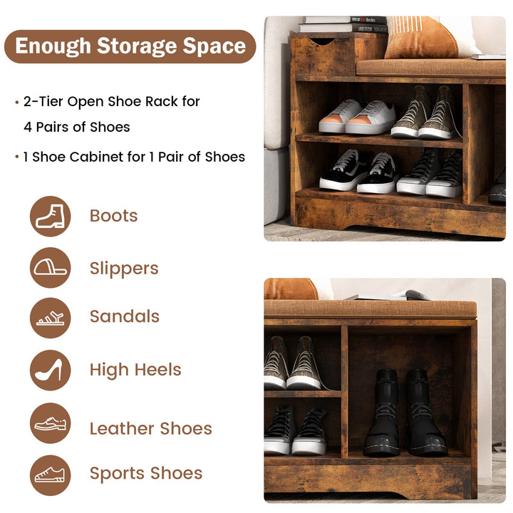 Giantex Industrial Shoe Storage Bench - Entryway Shoe Bench with Removable Cushion, Storage Drawer, Rustic Brow