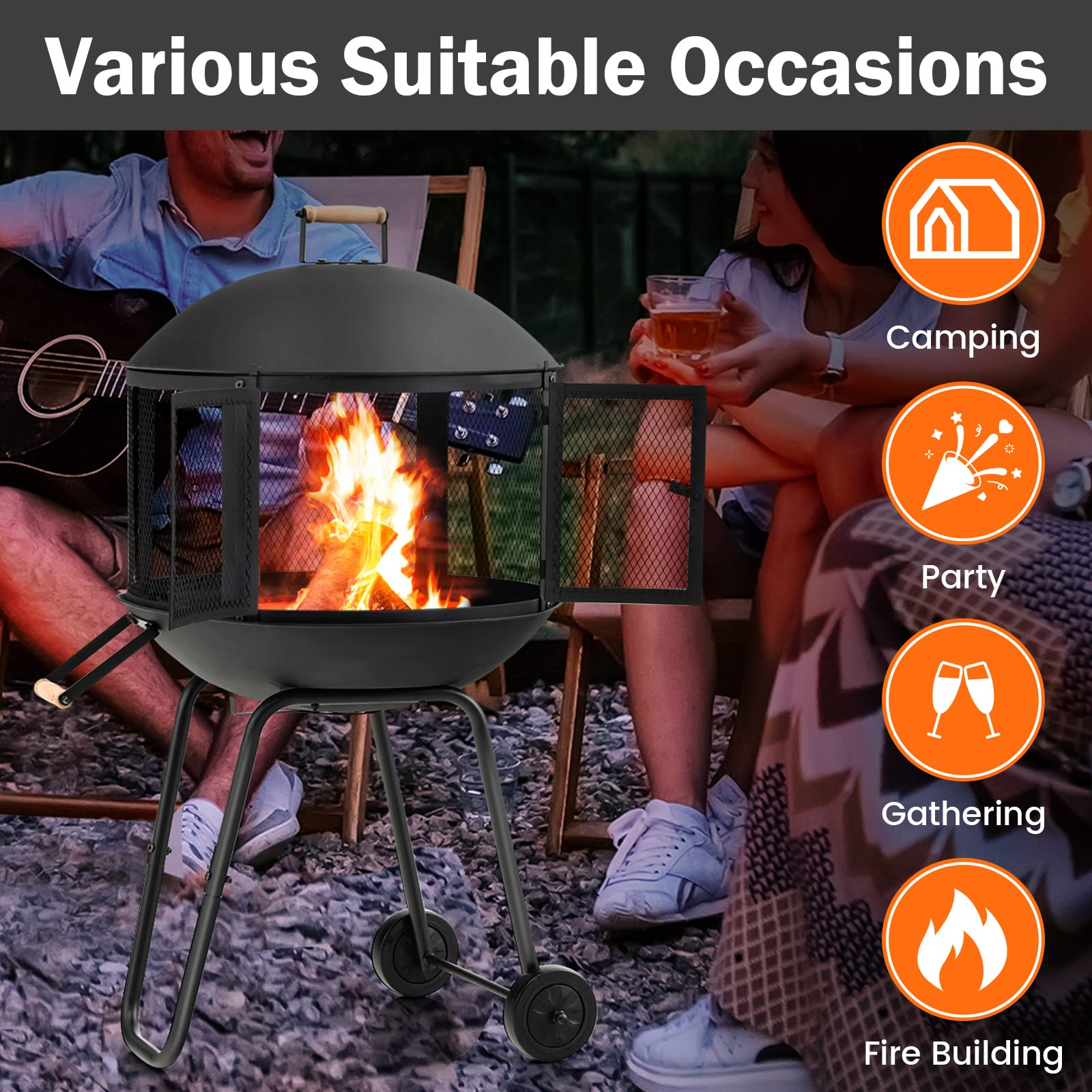 Giantex 28” Portable Fire Pit on Wheels - Mobile Wood Burning Firepit with Log Grate