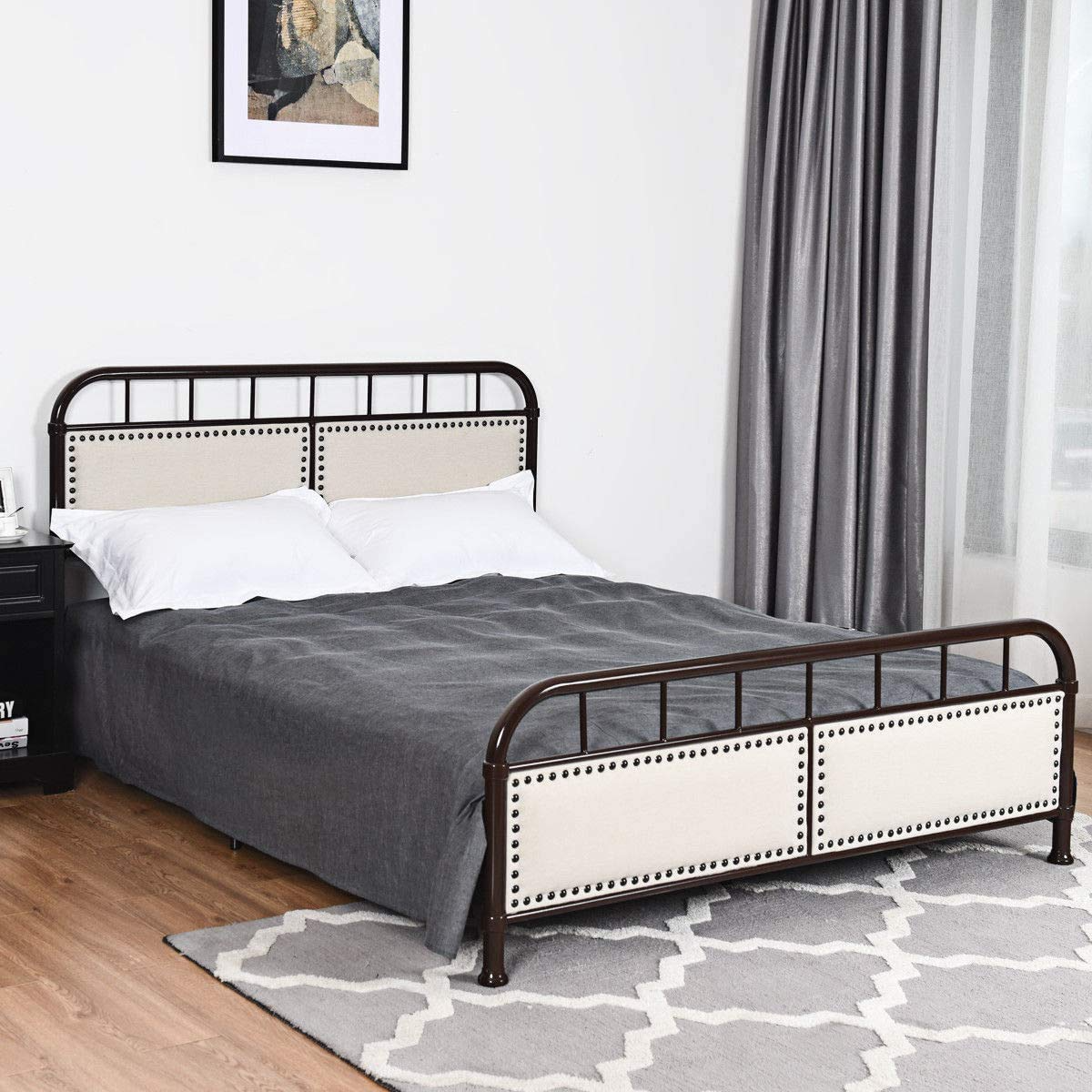 Queen Size Vintage Metal Platform Bed with Button Tufted Headboard & Footboard