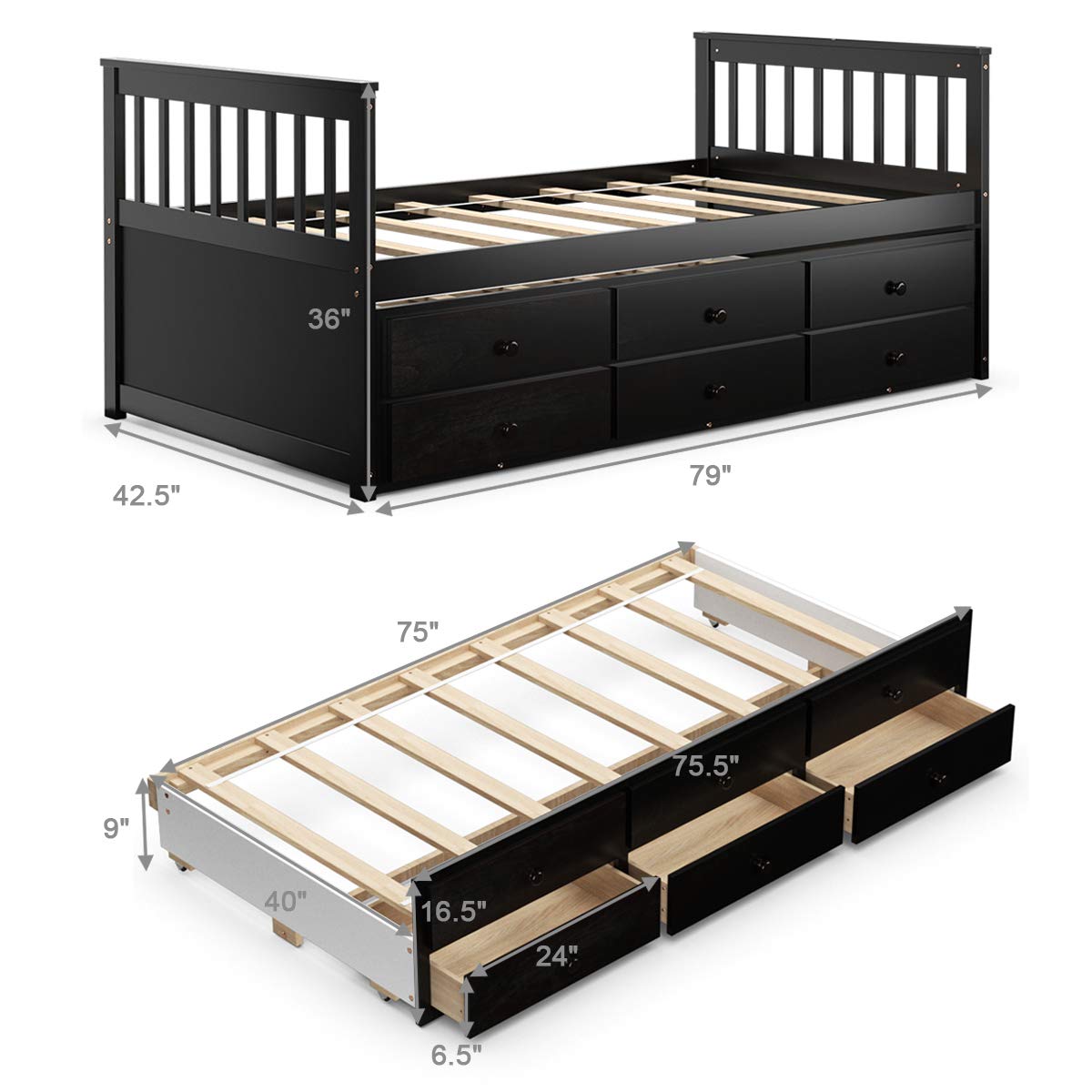 Giantex Twin Captain's Bed with Trundle Bed, Wood Storage Daybed with 3 Storage Drawers