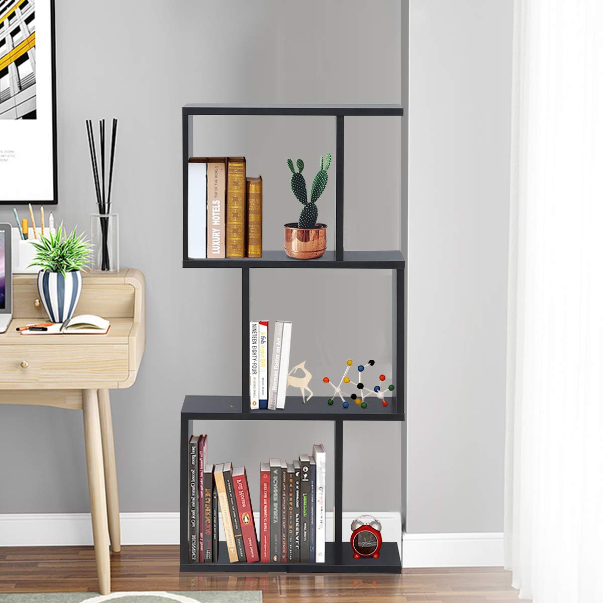 3-Tier Bookshelf S Shaped Bookcase, Free Standing Industrial Storage Rack
