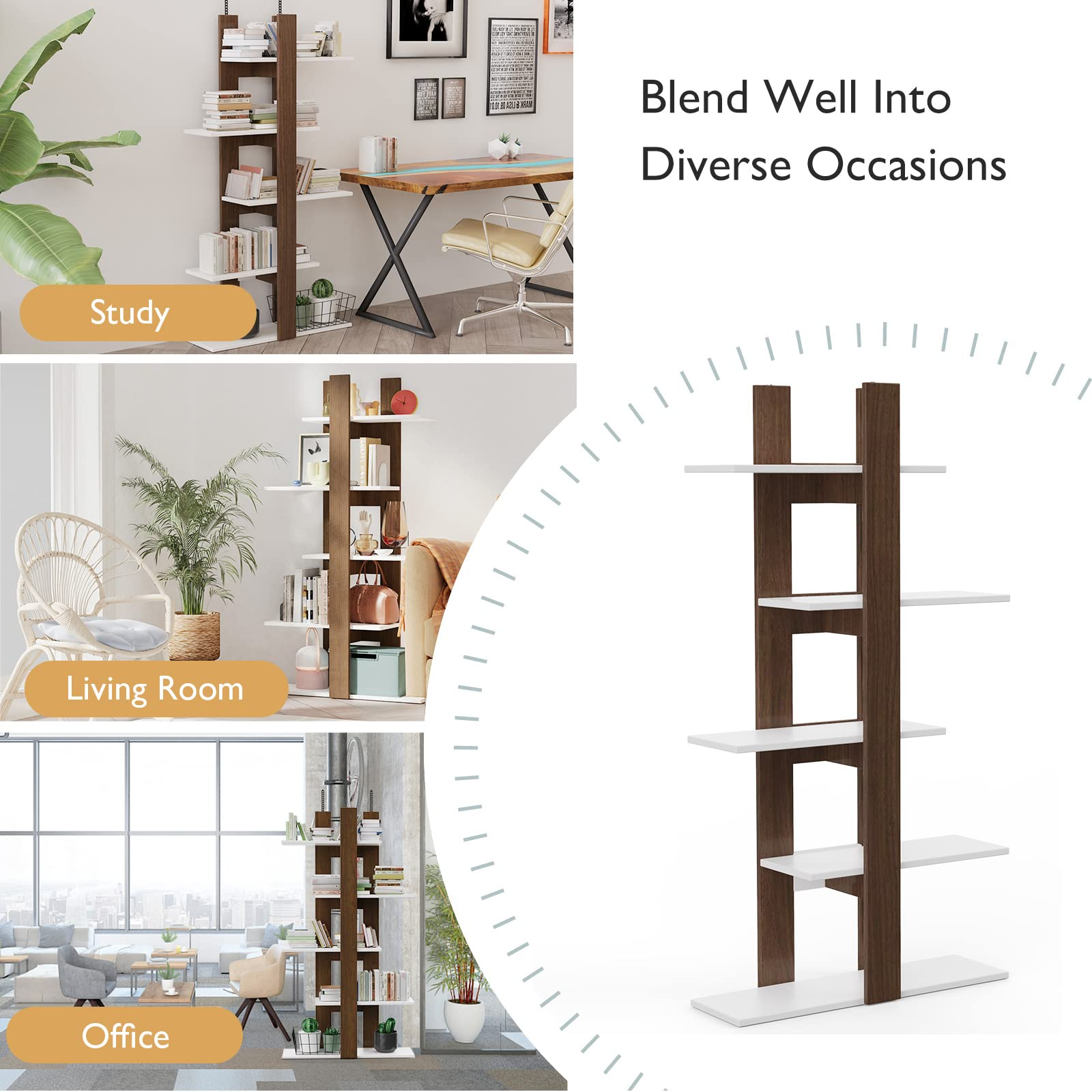 5-Tier Tall Wood Tree Book Shelf w/ Anti-Toppling Device