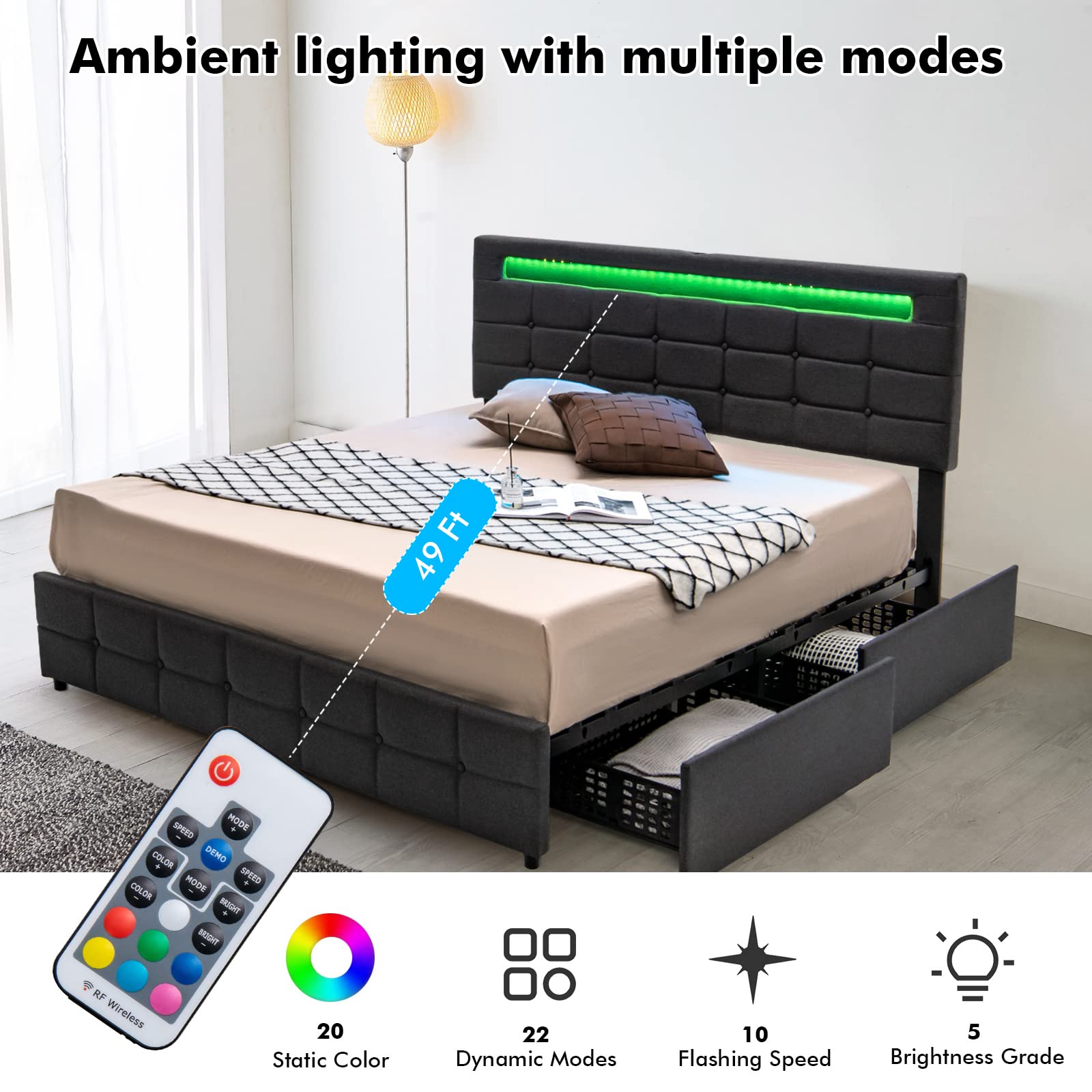 Giantex Queen Bed Frame with LED Lights and 4 Drawers, Upholstered Platform Bed Frame with USB Ports