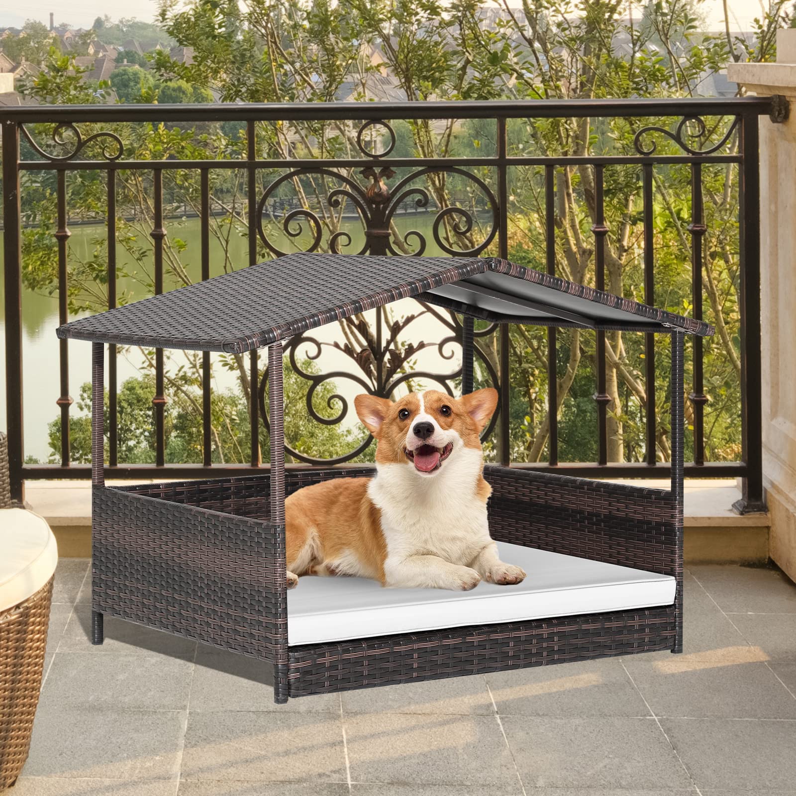 Giantex Wicker Dog House, Raised Rattan Dog Bed with Roof, Removable Cushion and Steel Frame