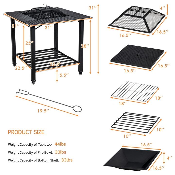 4-in-1 Wood Burning Fire Pit, Square Firepit Table with Mesh Cover
