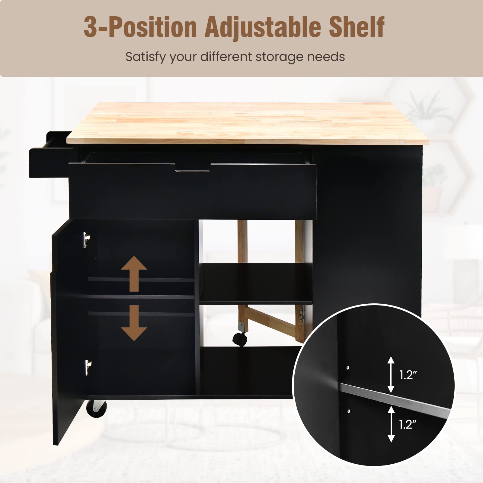 Giantex Kitchen Island Cart Drop-Leaf Countertop, Rubber Wood Breakfast Dining Table w/Large Drawer
