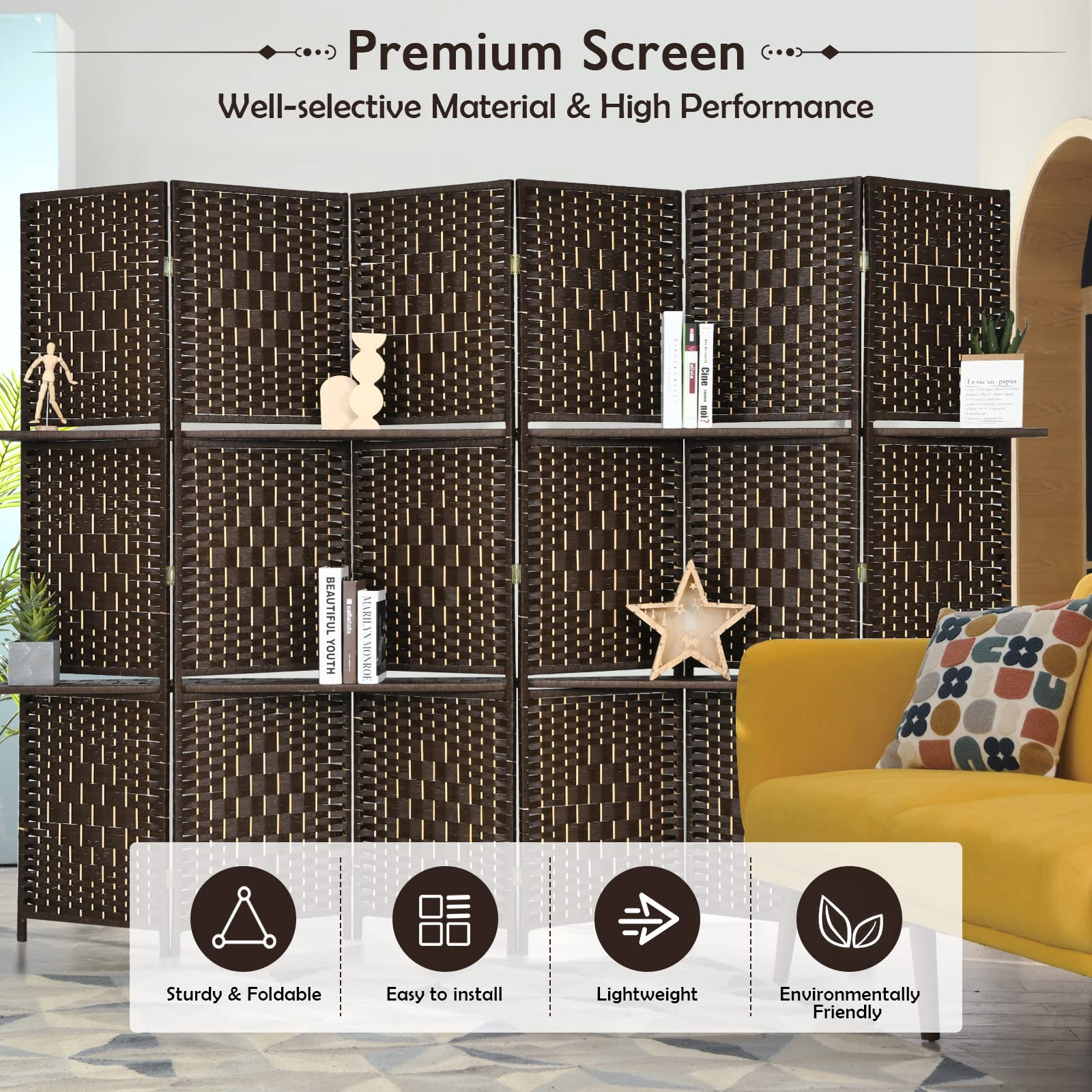 Giantex 6Ft 6 Panel Room Divider with Shelves