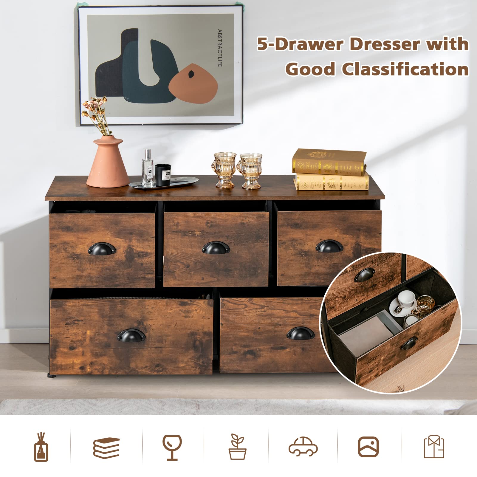 Giantex Dresser for Bedroom, Chest of Drawers with Wood Top Retro Storage Cabinet