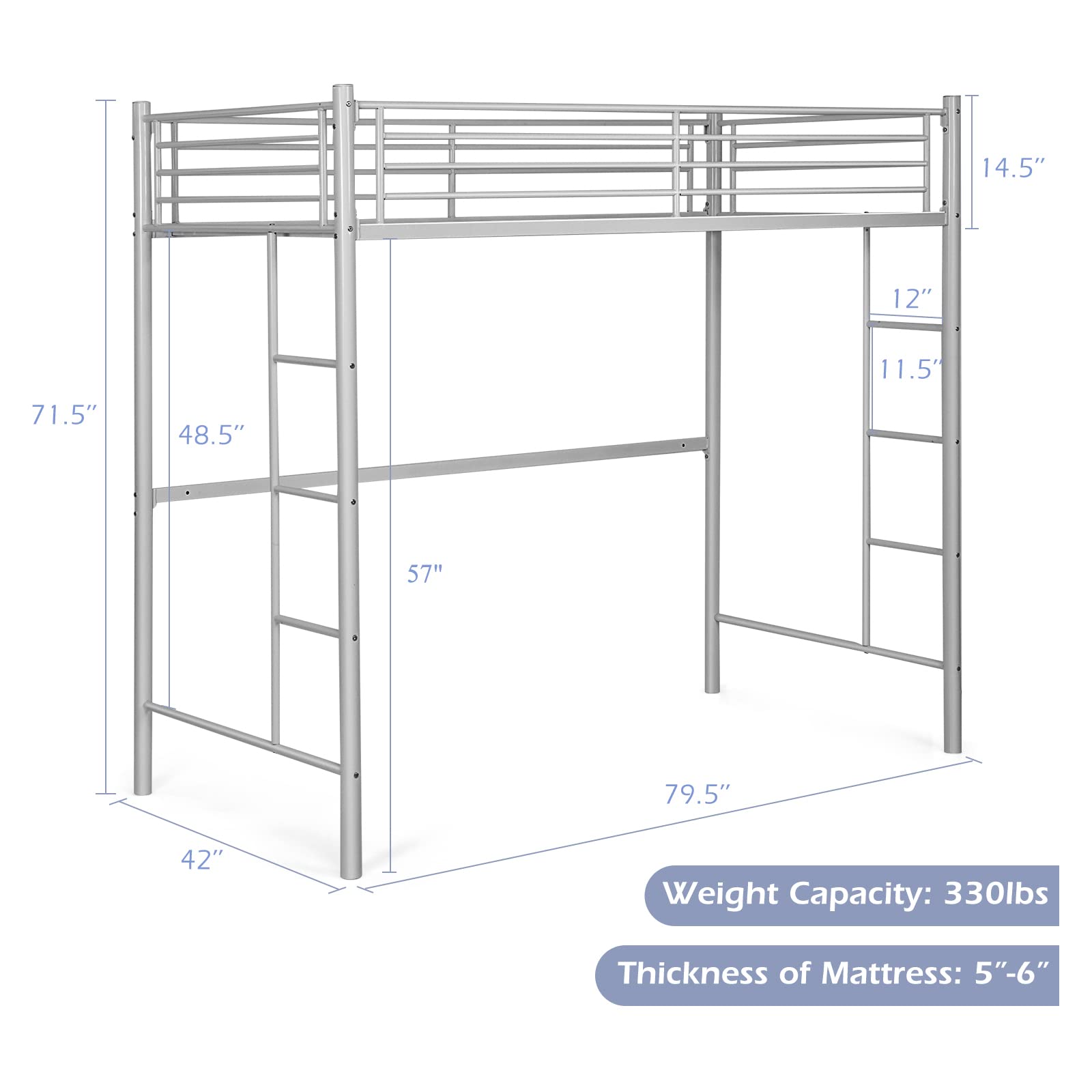 Heavy Duty Loft Bed Frame with 2 Ladders | Metal Loft Bed Twin Size