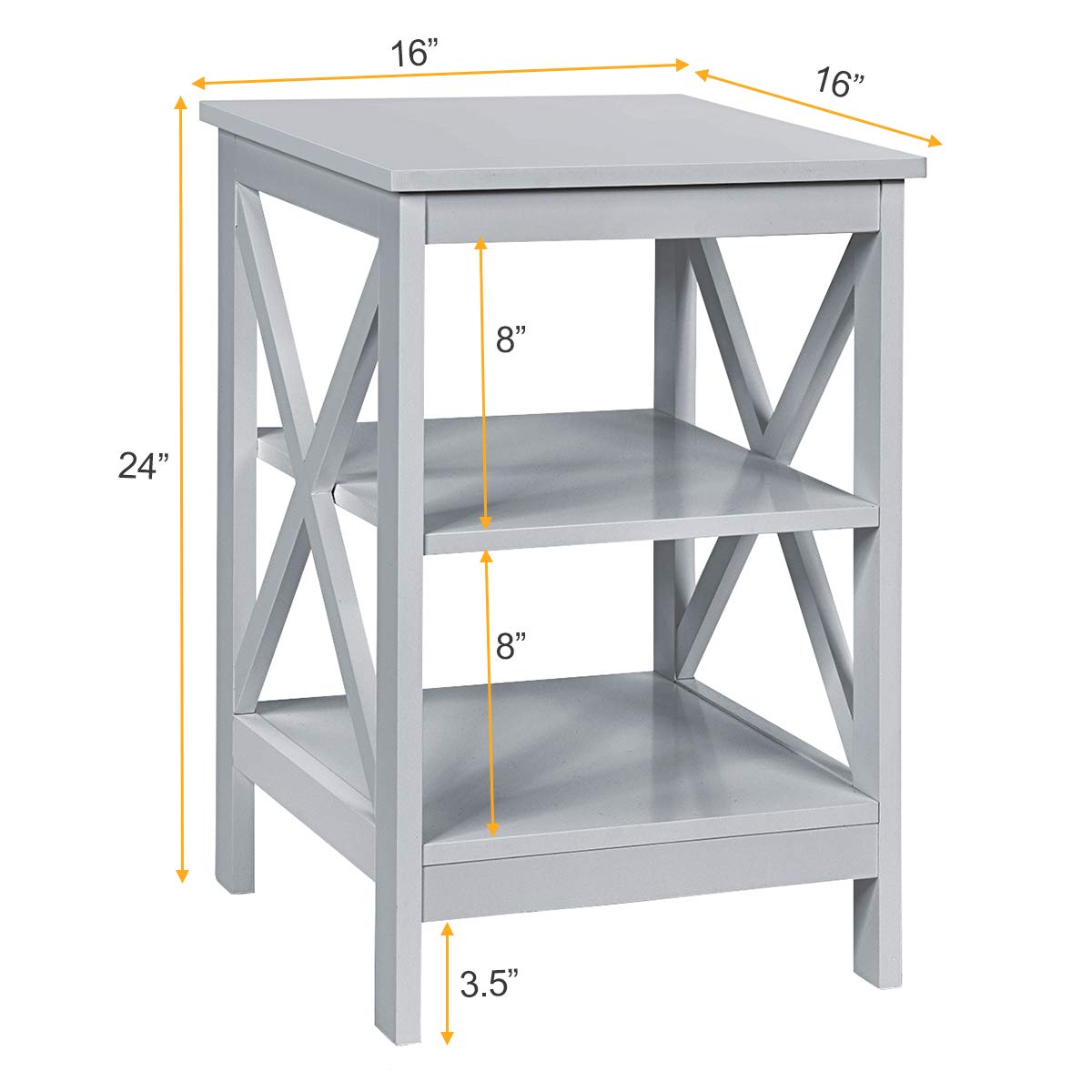 Nightstand 3-Tier X-Design W/Storage Shelves and Stable Structure Storage Organizer Display Sofa Side Table