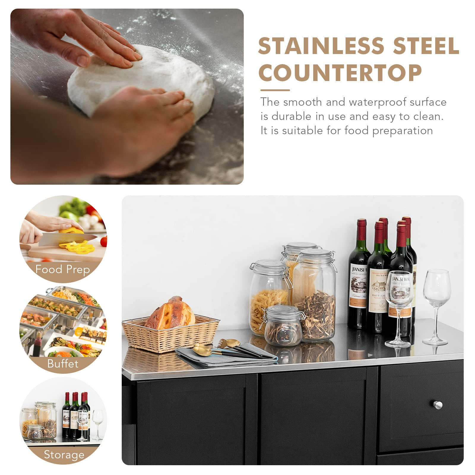 Giantex Kitchen Island with Stainless Steel Countertop, Dark Brown