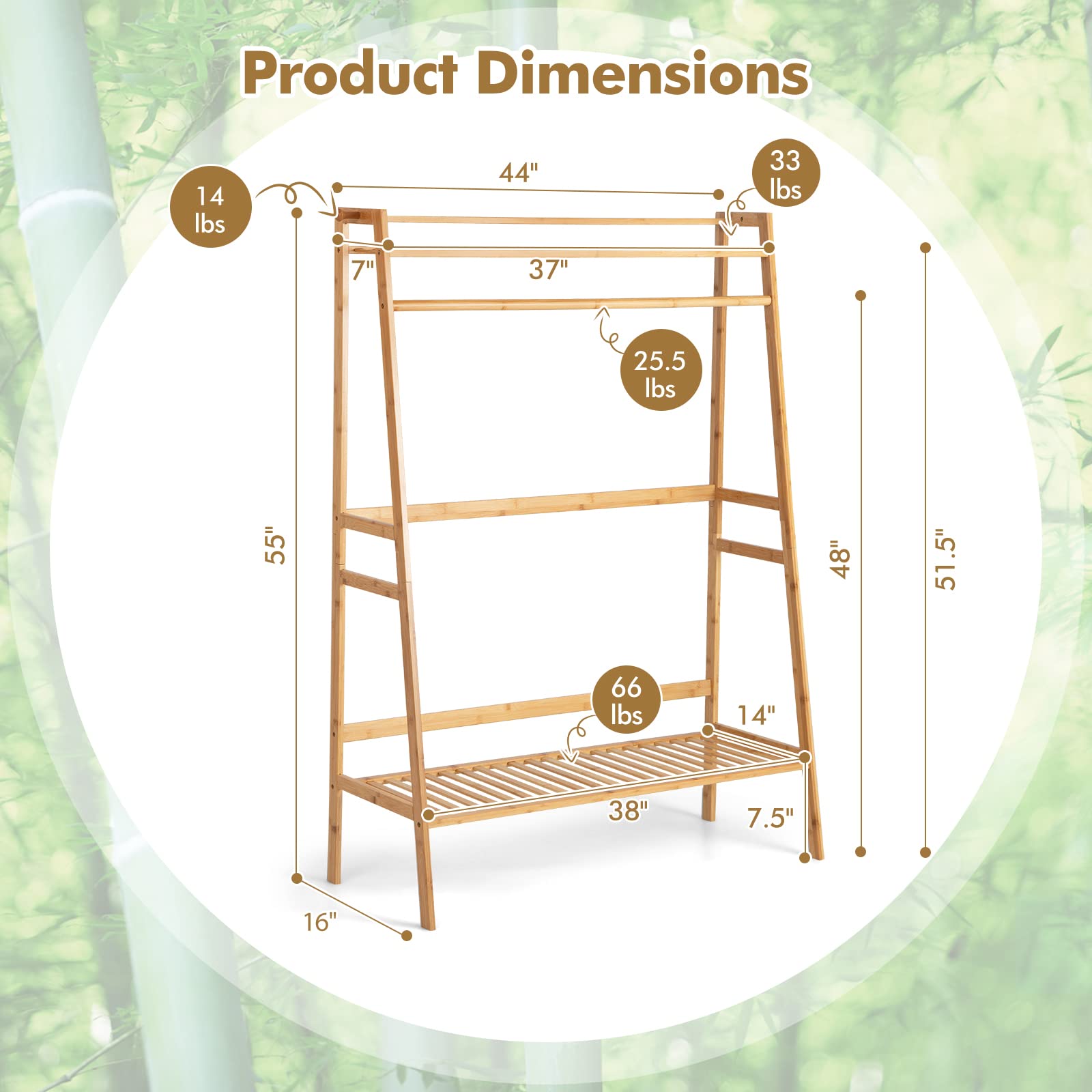 Giantex 3 Tier Bamboo Clothing Rack with Shelves, Heavy Duty Freestanding Clothes Organizer Rack with Coat Hooks