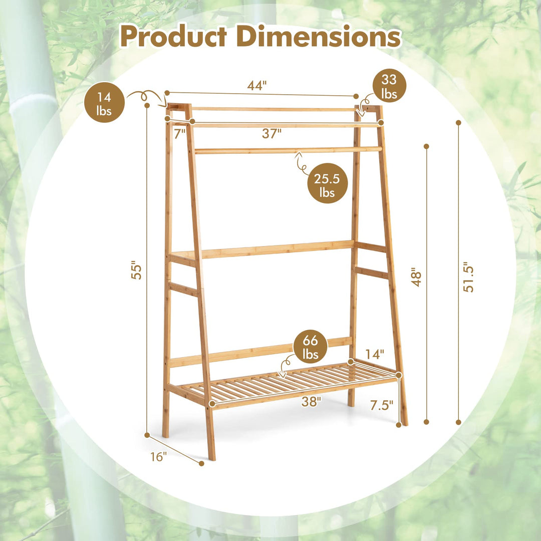 Giantex 3 Tier Bamboo Clothing Rack with Shelves, Heavy Duty Freestanding Clothes Organizer Rack with Coat Hooks