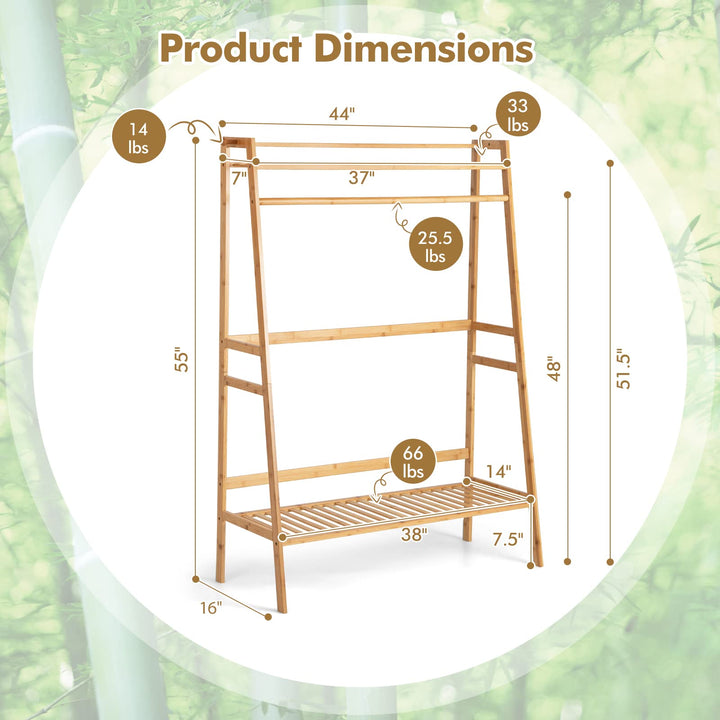 Giantex 3 Tier Bamboo Clothing Rack with Shelves, Heavy Duty Freestanding Clothes Organizer Rack with Coat Hooks