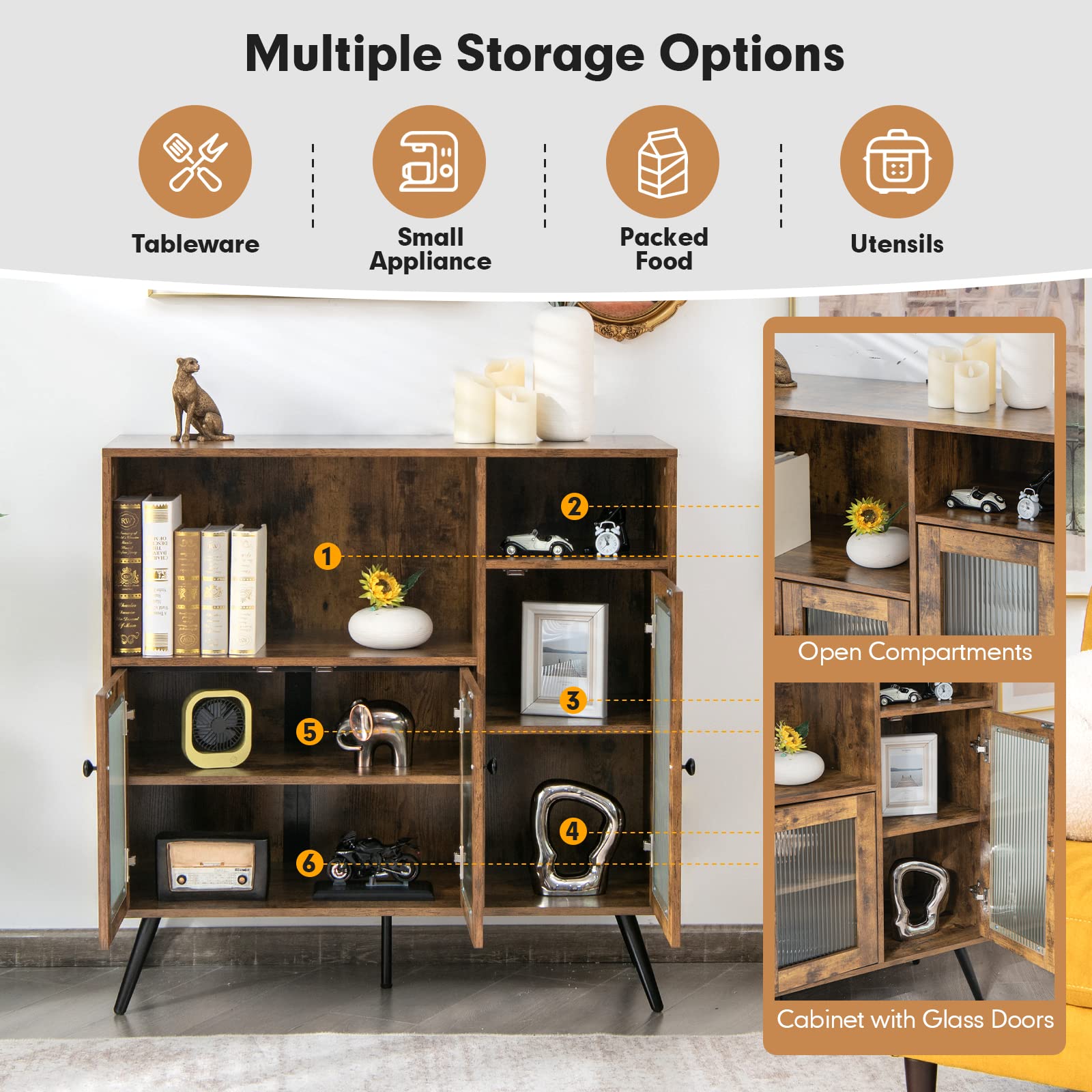 Giantex Storage Cabinet, Industrial Buffet Sideboard with Storage, 3 Door Wood Cupboard, 2 Creadenzas 2 Shelves