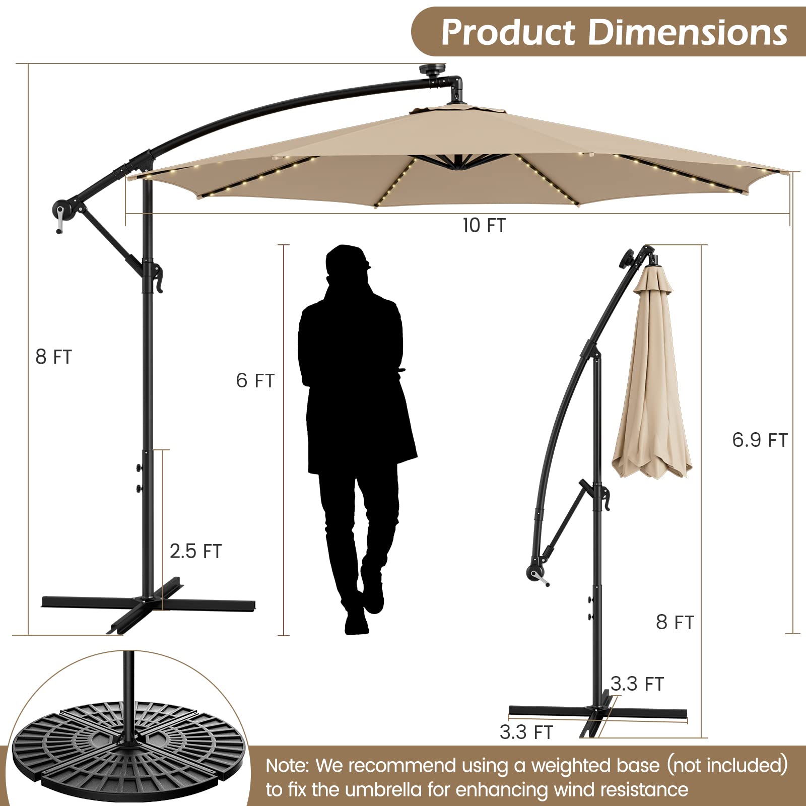 Giantex 10 ft Offset Patio Umbrella with 112 Solar Lights, Outdoor Cantilever Umbrellas with 8 Ribs