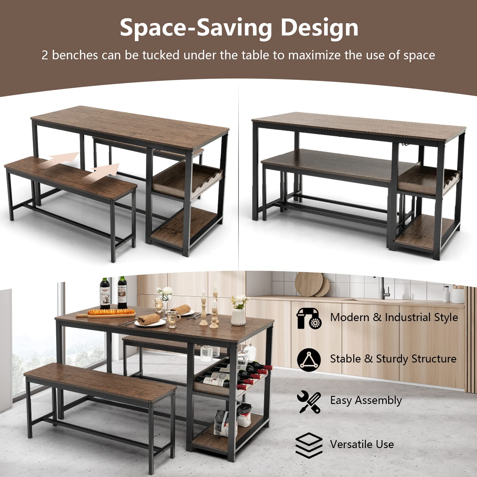 Giantex 3-Piece Dining Table Set for 4, Rustic Kitchen Dinner Table with 2 Benches