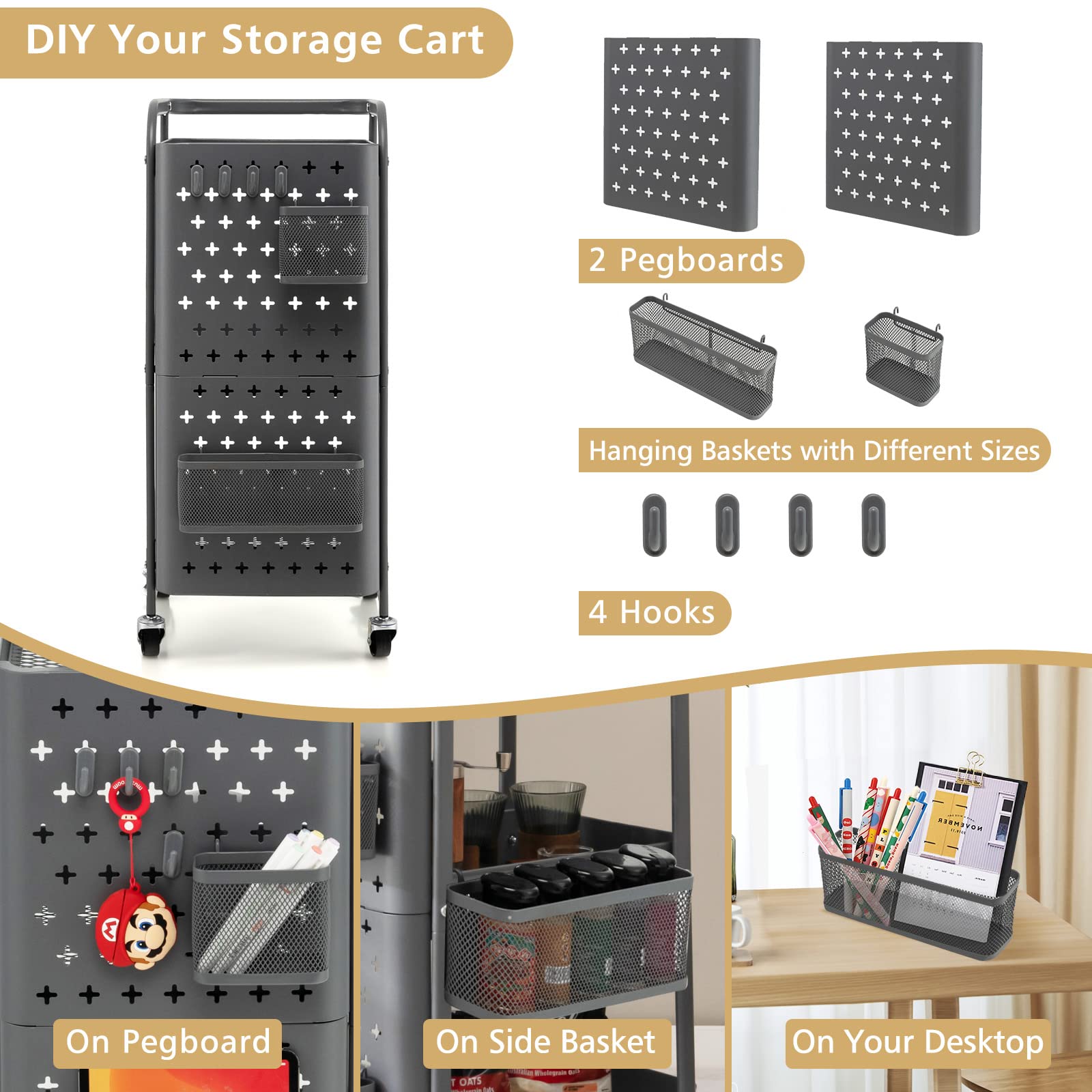 Giantex 3-Tier Utility Cart, Rolling Storage Organizer w/ Pegboards, 2 Mesh Baskets, 4 Hanging Hooks, Art Craft Trolley