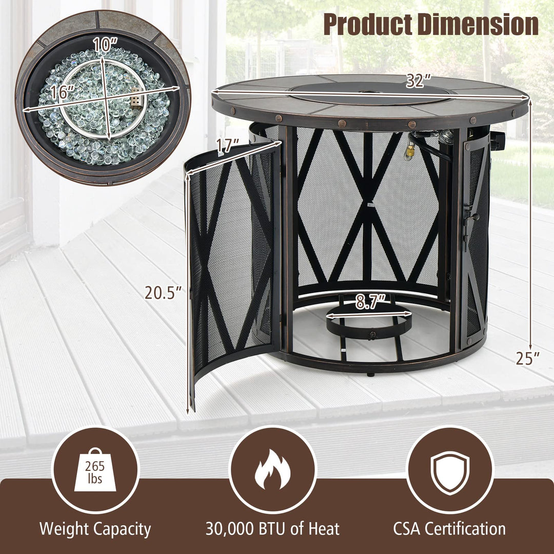 Giantex 32" Gas Fire Pit Table - 30,000 BTU Round Outdoor Fire Pit with Lid, PVC Cover, Glass Stones, Black