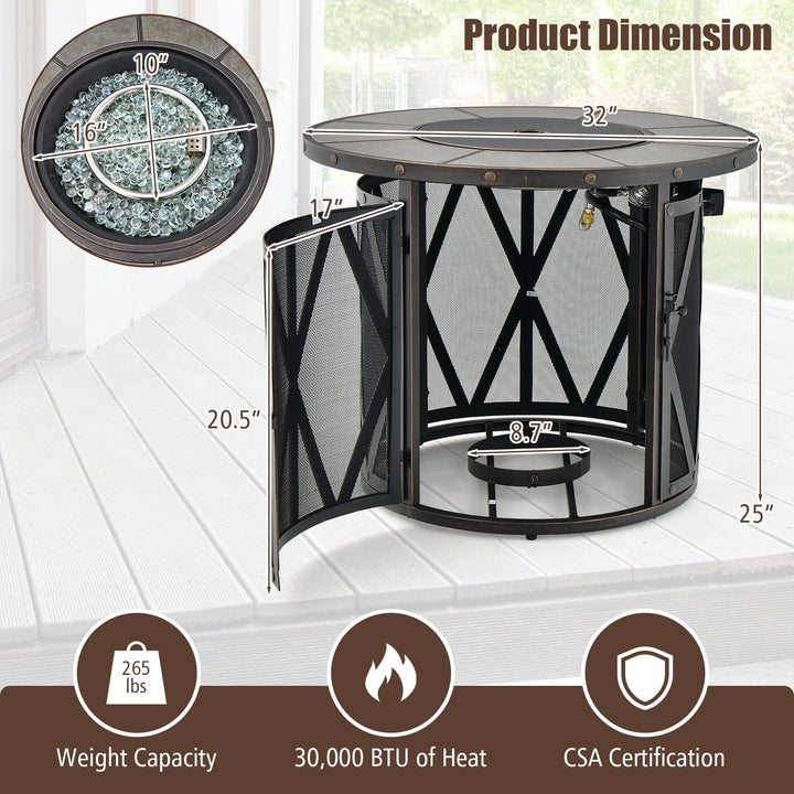 Giantex 32" Gas Fire Pit Table - 30,000 BTU Round Outdoor Fire Pit with Lid, PVC Cover, Glass Stones, Black