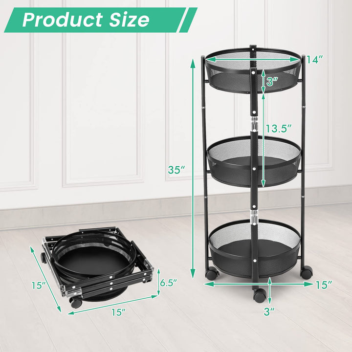 Giantex 3-Tier Fruit Vegetable Basket - 35" One-Second Folding Metal Wire Storage Basket with Wheels