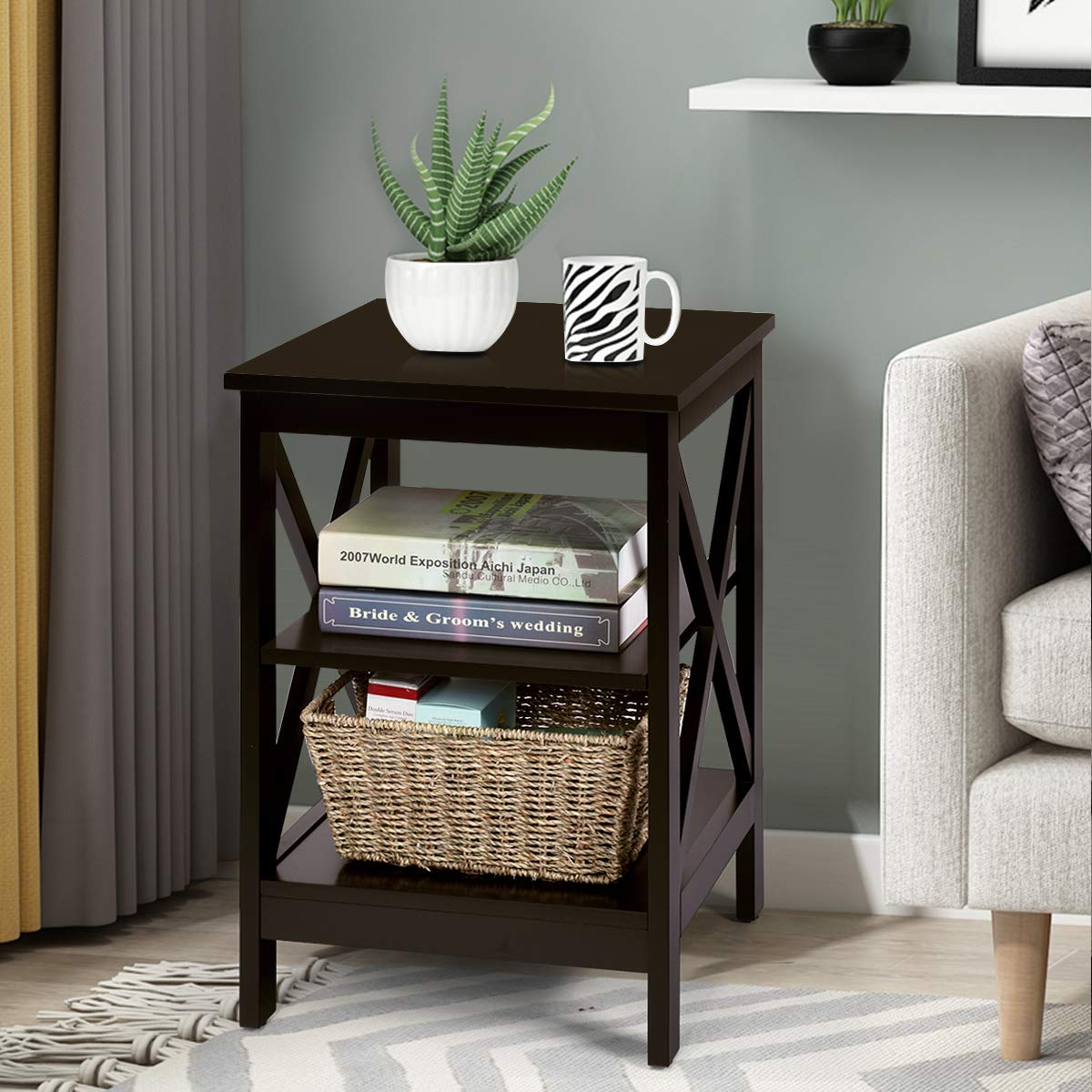 Nightstand 3-Tier X-Design W/Storage Shelves and Stable Structure Storage Organizer Display Sofa Side Table