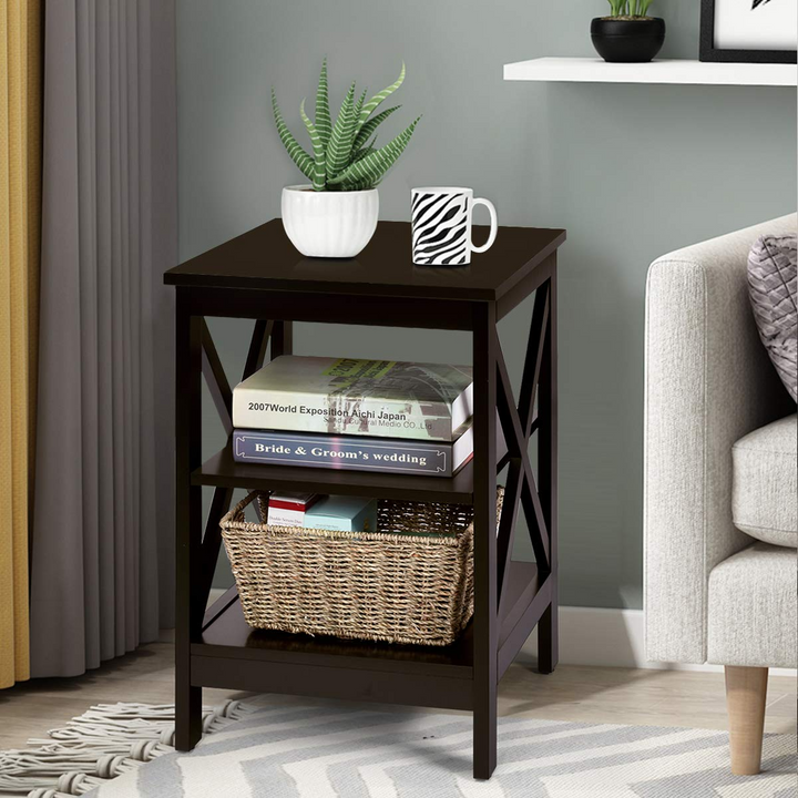 Nightstand 3-Tier X-Design W/Storage Shelves and Stable Structure Storage Organizer Display Sofa Side Table
