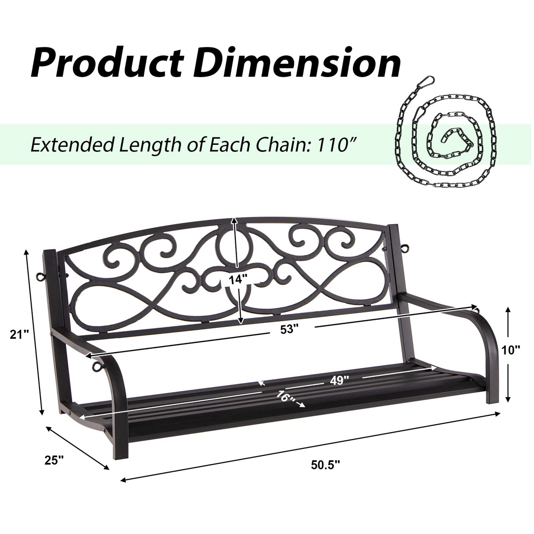 Metal Porch Swings 2 Person Outdoor Hanging Garden Bench with Sturdy Chains