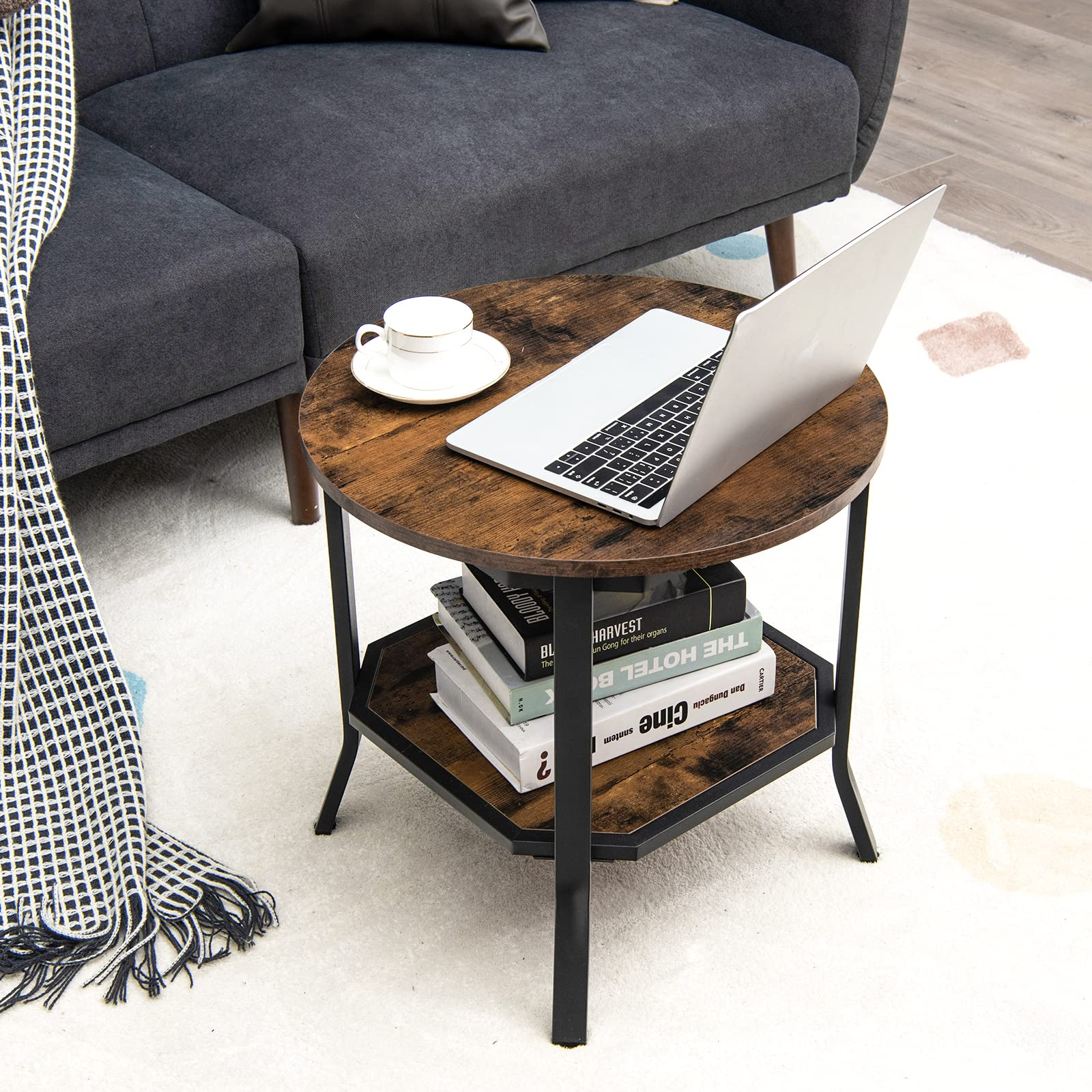 Giantex Round End Table, Industrial Nightstand w/Storage Shelf