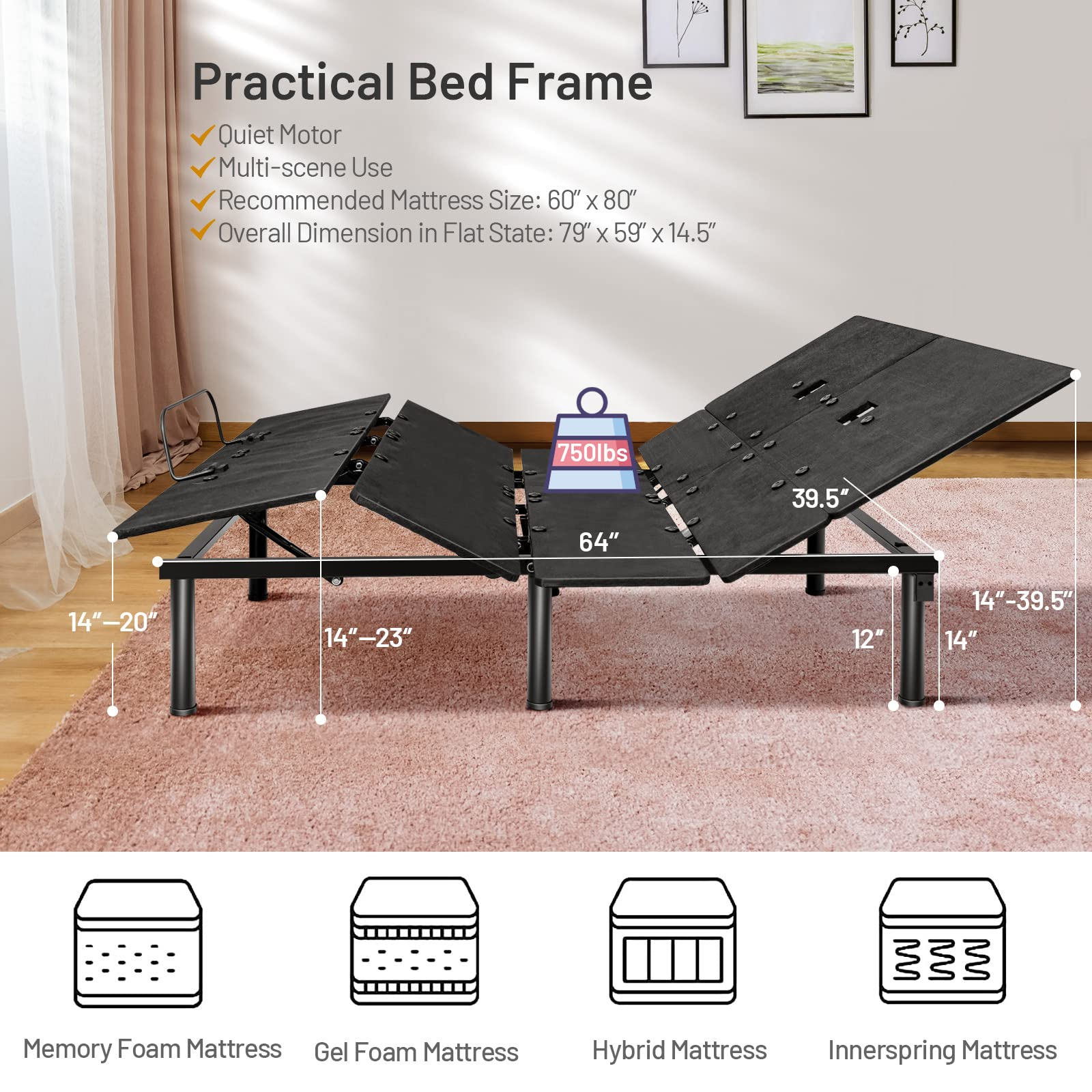 Giantex Adjustable Bed Base w/ Wireless Remote Control, Electric Bed Frame