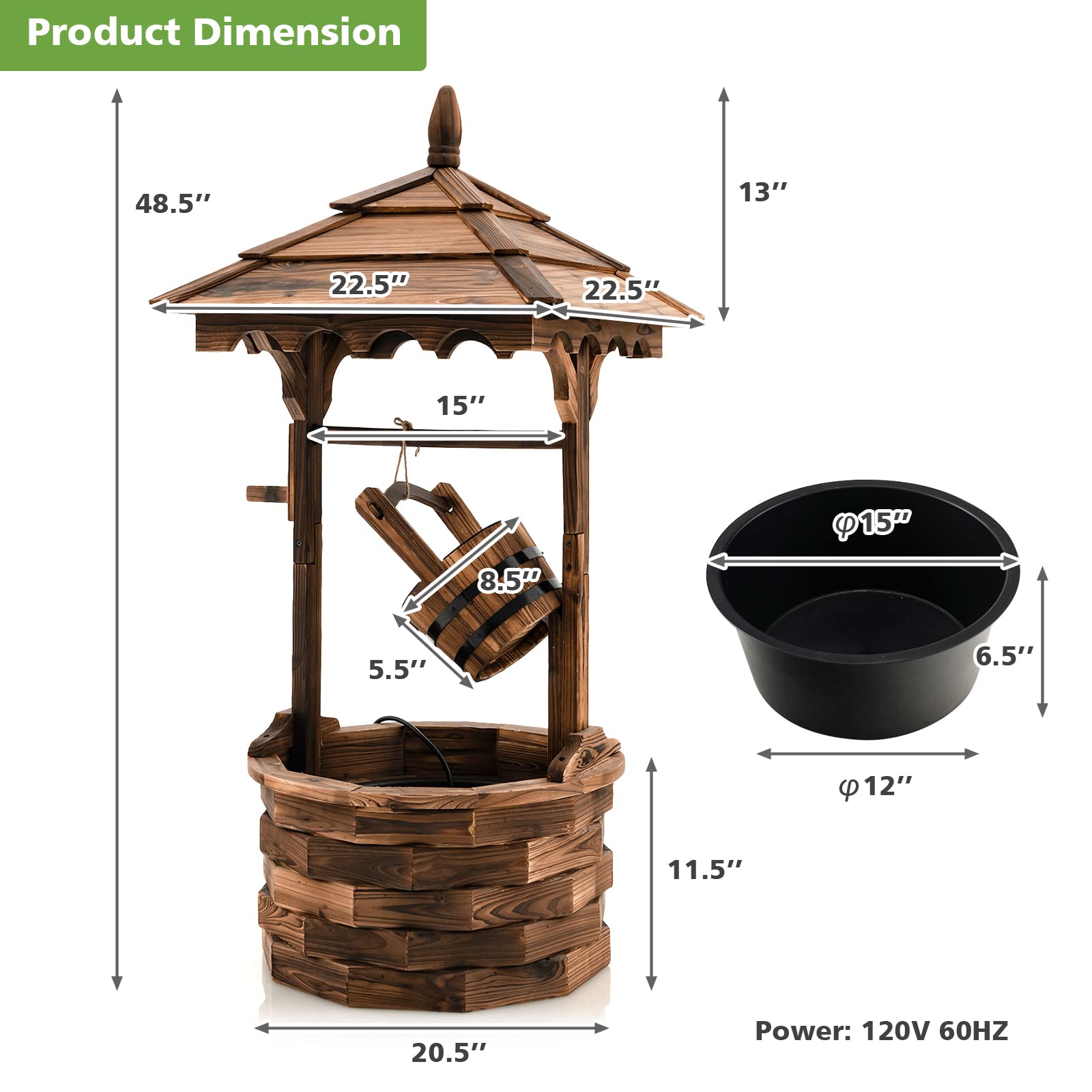 Giantex Rustic Wishing Well Fountain, Outdoor Wooden Water Fountain with Electric Pump