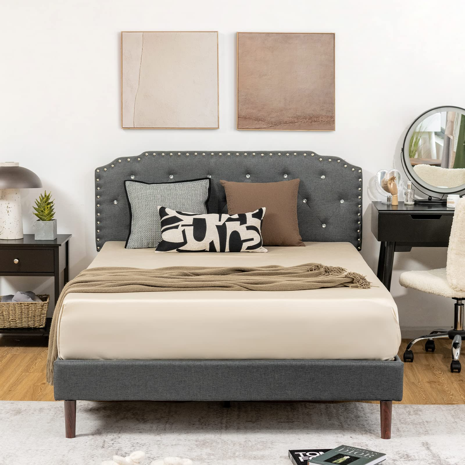 Upholstered Bed Frame w/ Adjustable Headboard, Crystal Tufted Soft Platform Bed Frame w/ Wooden Slats