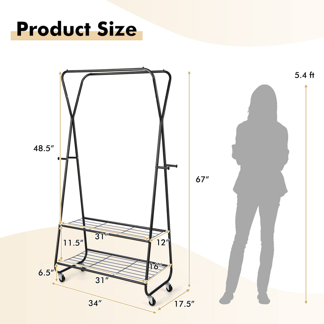 Giantex Metal Rolling Garment Rack, Clothing Rack with Wheels, Double Hanging Rods, 2 Shelves, 4 Hooks