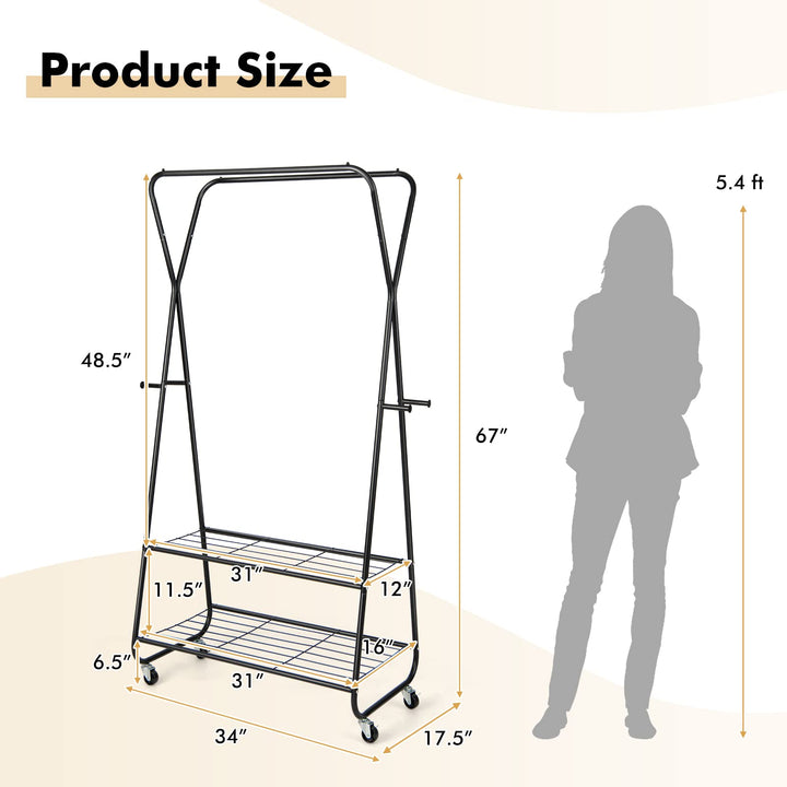 Giantex Metal Rolling Garment Rack, Clothing Rack with Wheels, Double Hanging Rods, 2 Shelves, 4 Hooks