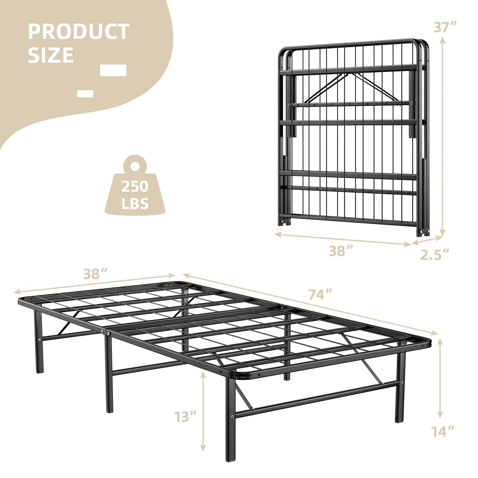 14 Inch Foldable Metal Mattress Foundation | Heavy Duty Bed Frame with Steel Slat