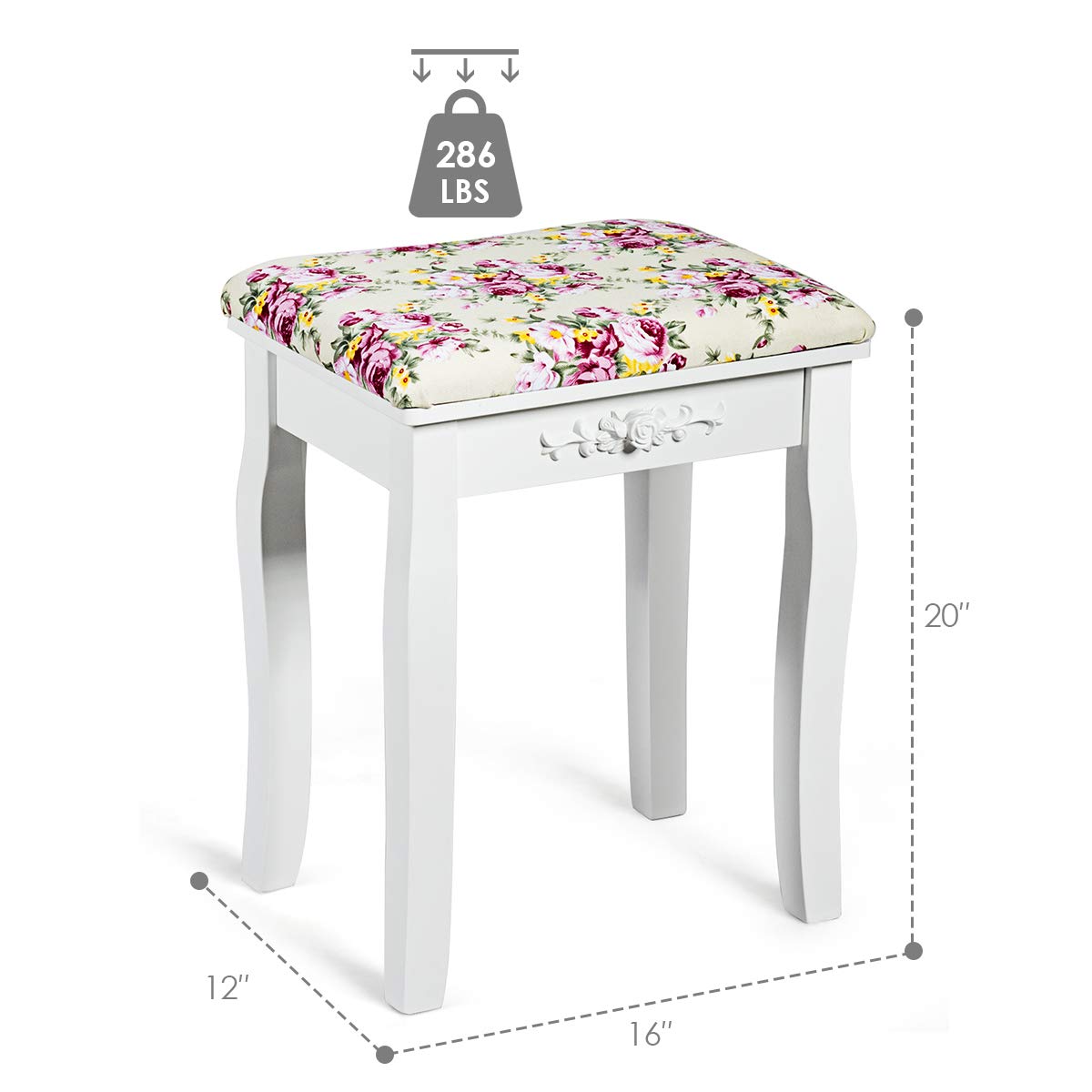 Vanity Stool Wood Dressing Padded Chair (White)