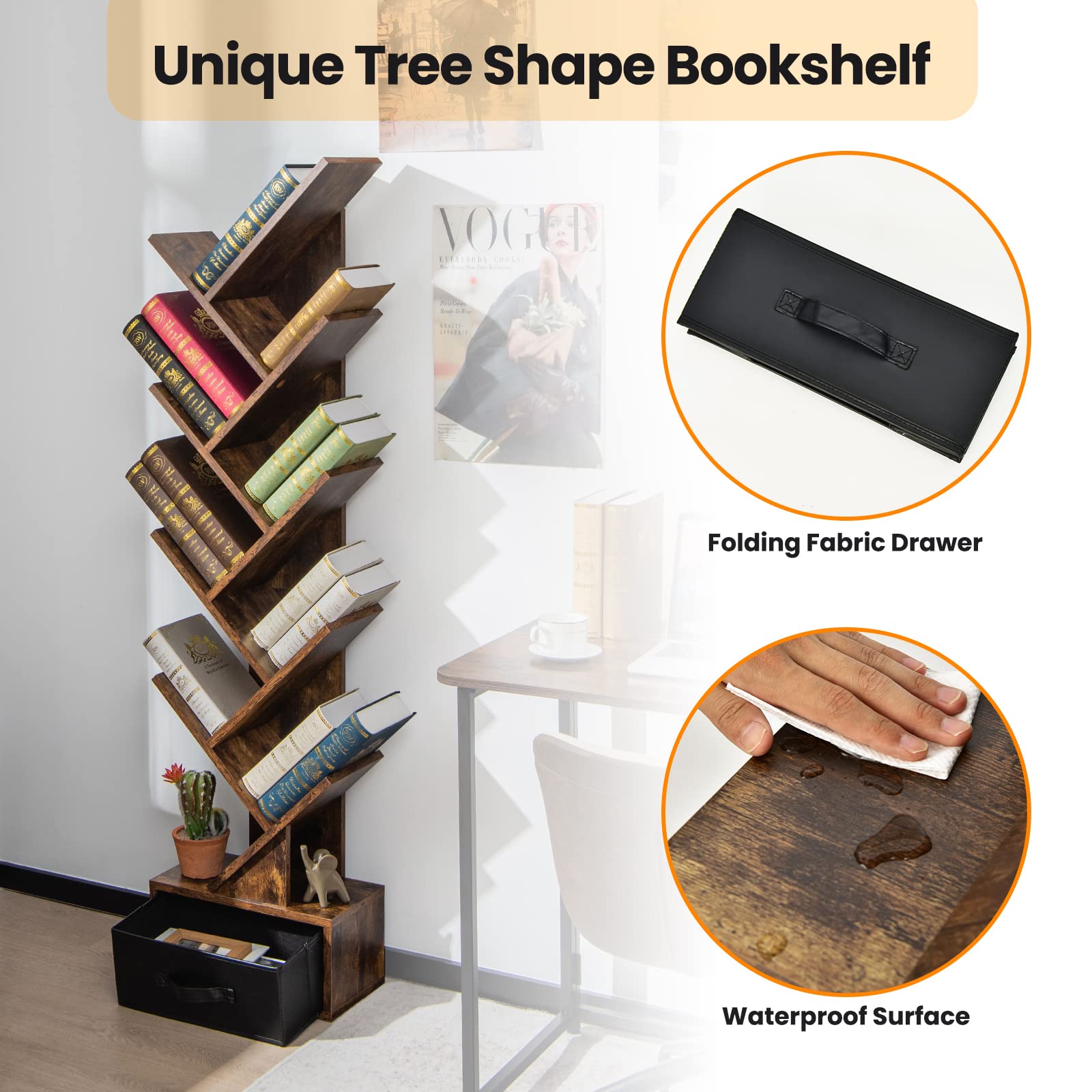 Giantex Tree Bookshelf with Drawer, 10 Shelf Space Saving