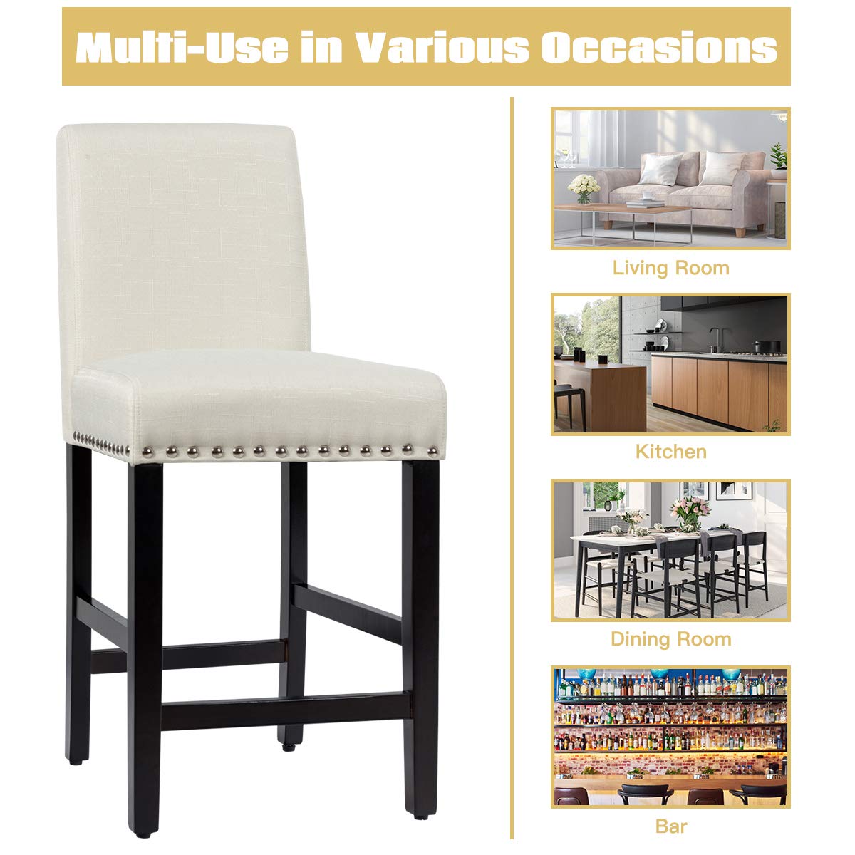 Giantex Upholstered Counter Height Bar Stools w/ Rubber Wood Legs, Breathable Linen Fabric