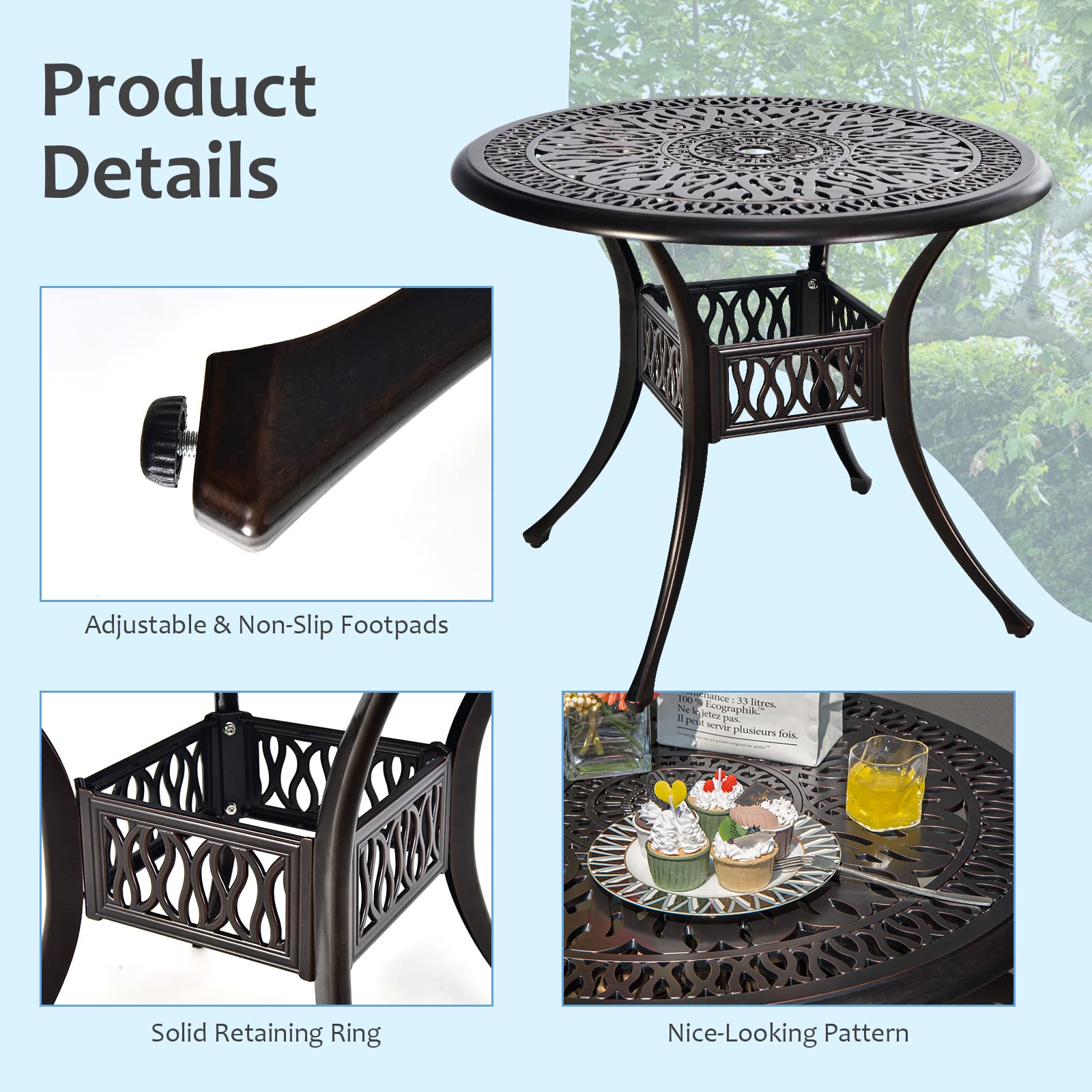 Giantex 3 Pcs Patio Bistro Set, Cast Aluminum Outdoor Dining Set,Round Patio Table with Umbrella Hole, 2 Patio Chairs