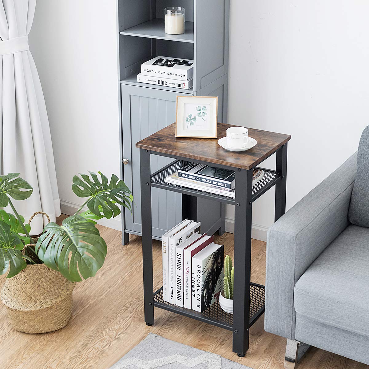 Side Table Industrial 3-Tier W/Mesh Shelves