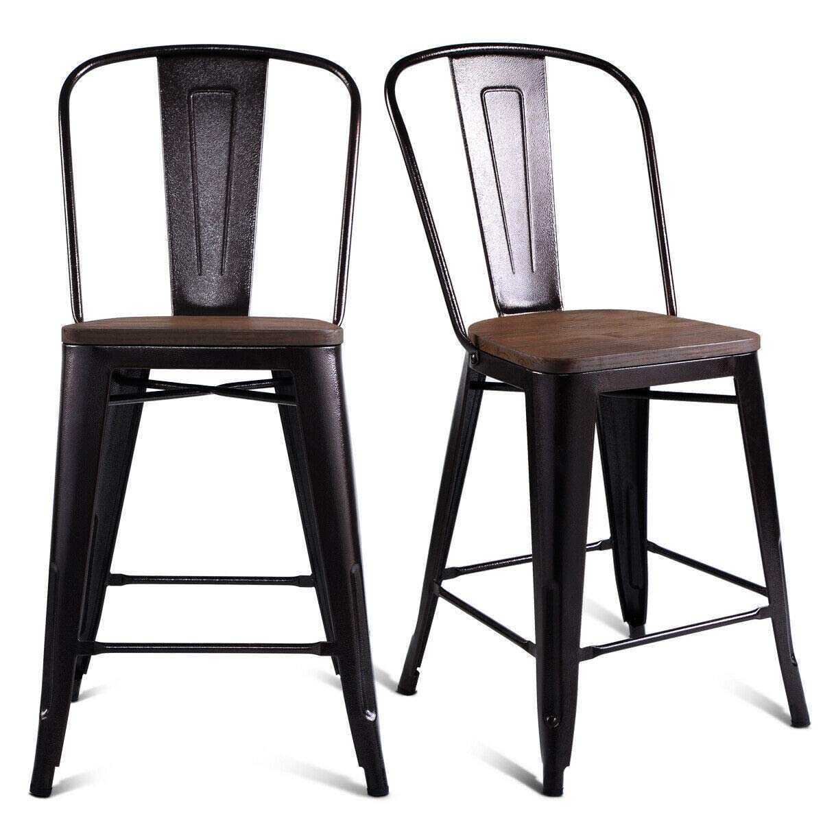 Giantex Tolix Style Dining Stools with Wood Seat and Backrest, Industrial Metal Counter Height Stool