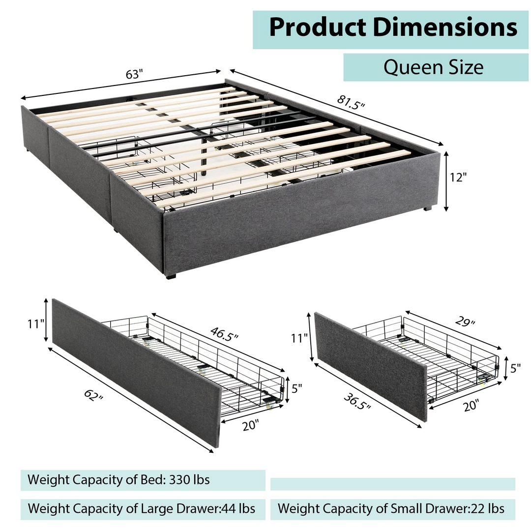 Full Size Platform Bed Frame with 3 Storage Drawers - Giantex